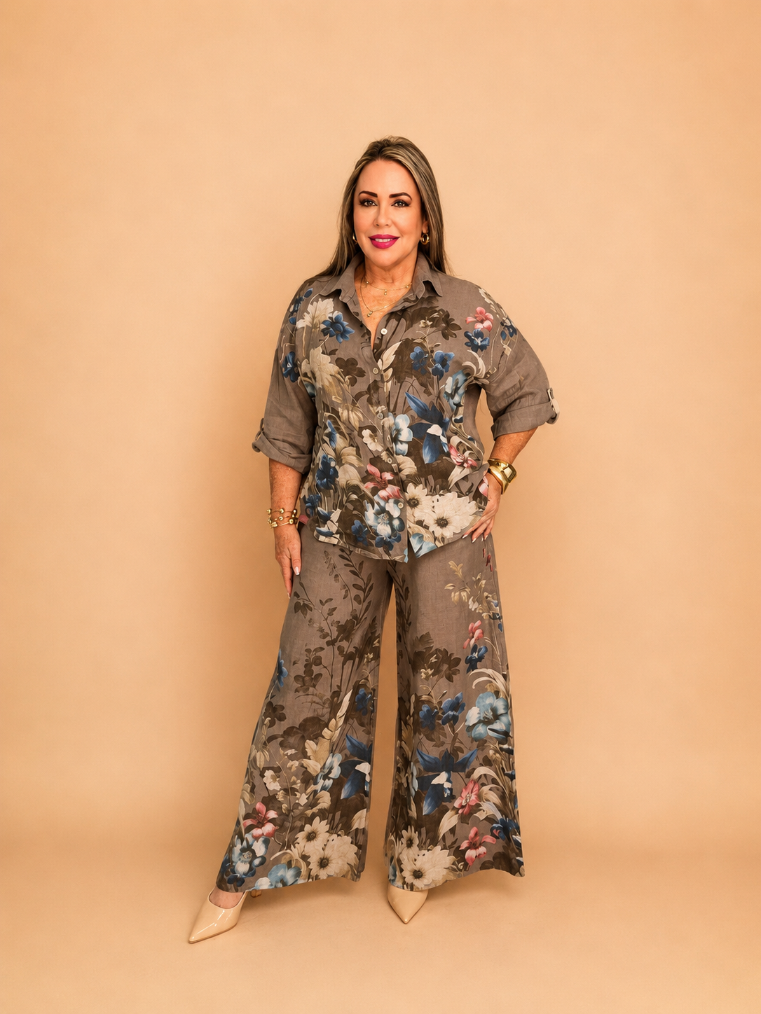 Set italiano floral de 2 piezas/ camisa y pantalón.