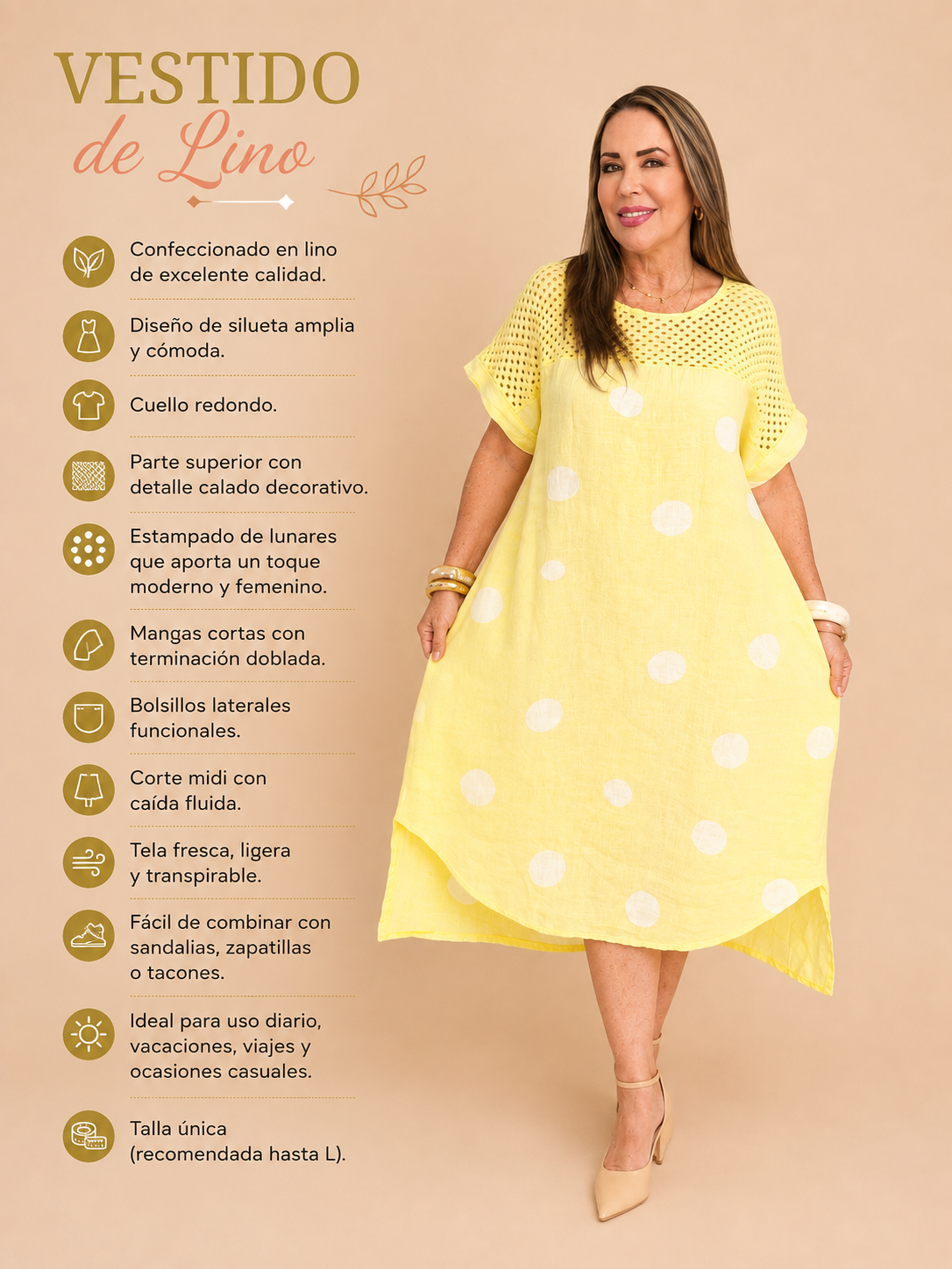 Vestido de Lino Lunares Amarillo Mantequilla