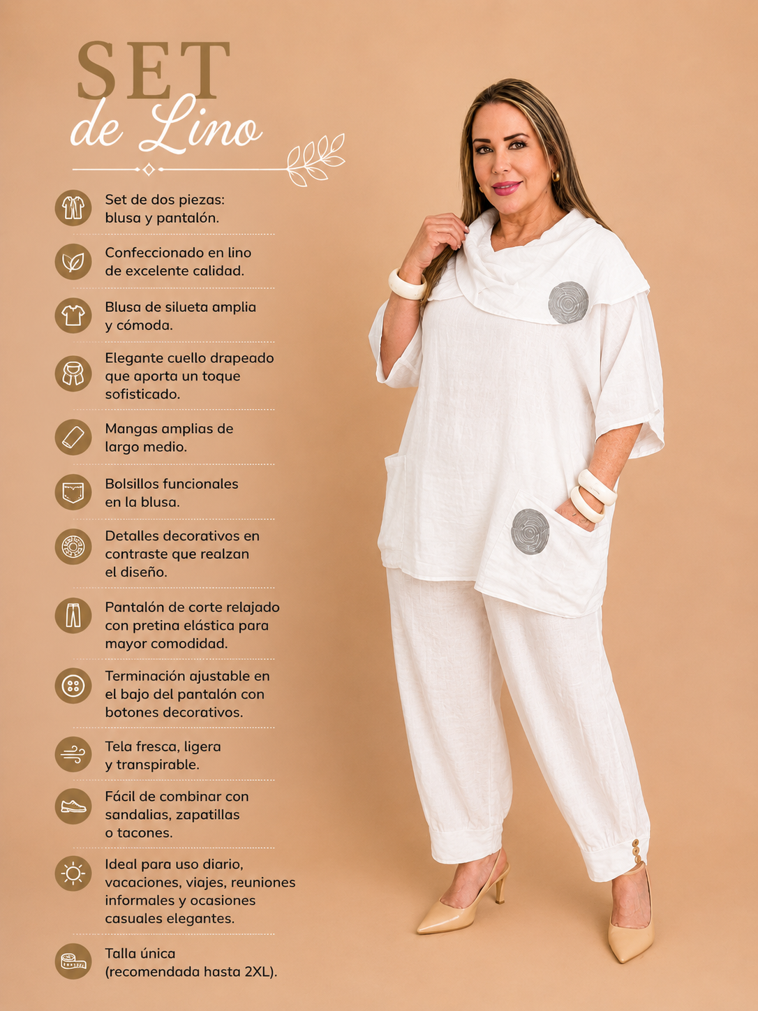 Set de Lino Blanco de Dos Piezas con Cuello Drapeado