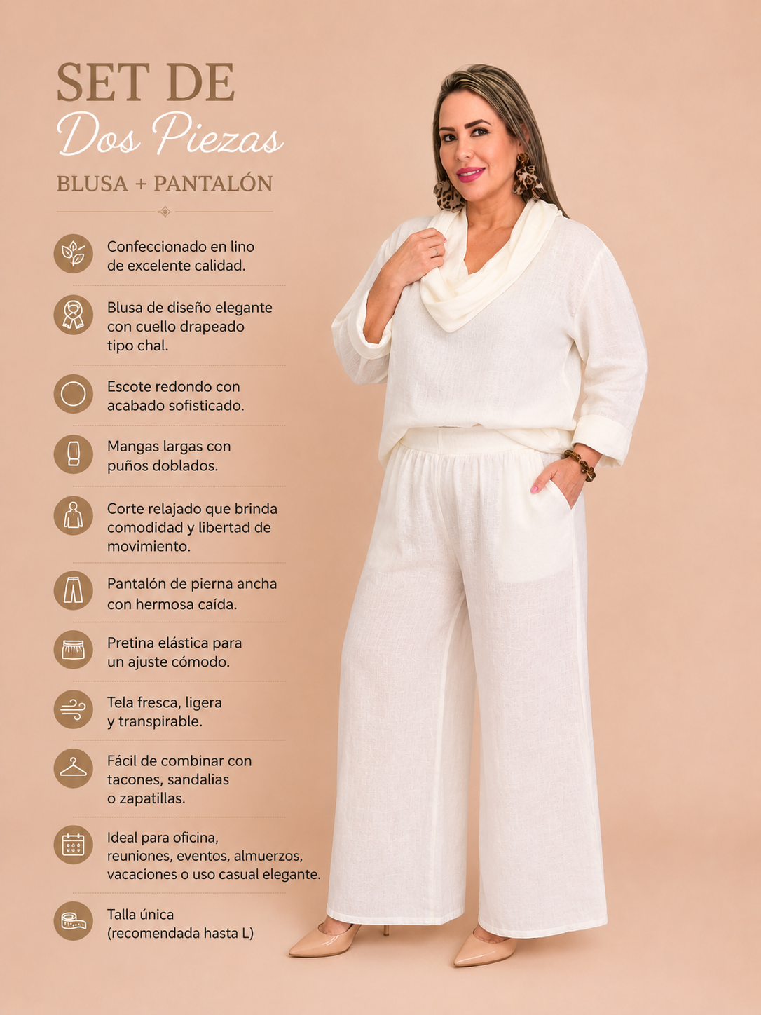 Set de Lino de Dos Piezas con Blusa de Cuello Drapeado