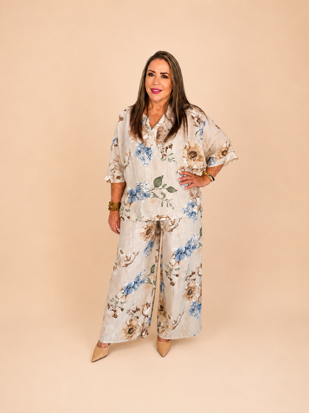 Conjunto Floral Premium de Lino de dos piezas/ blusa y pantalón