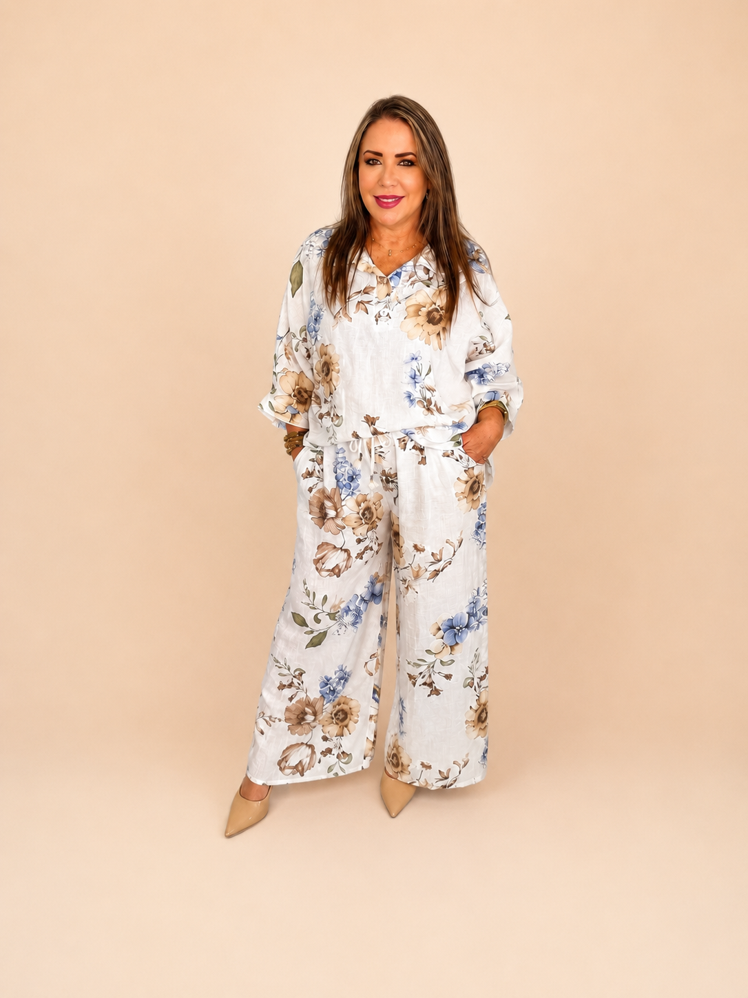 Conjunto Floral Premium de Lino de dos piezas/ blusa y pantalón