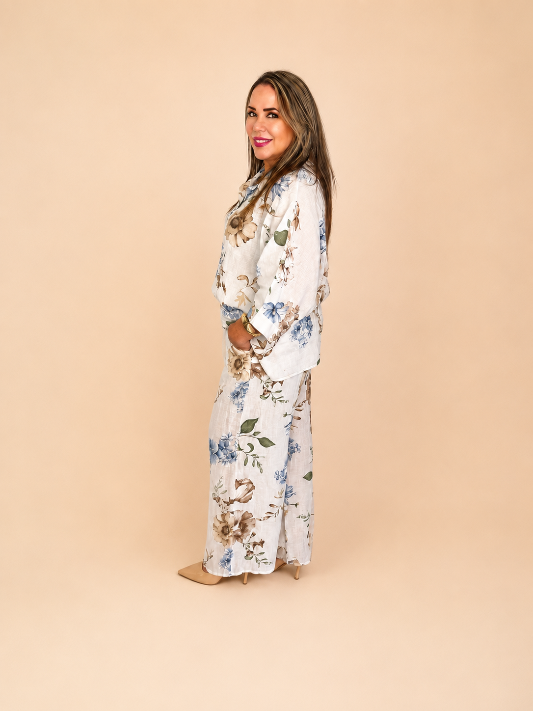 Conjunto Floral Premium de Lino de dos piezas/ blusa y pantalón