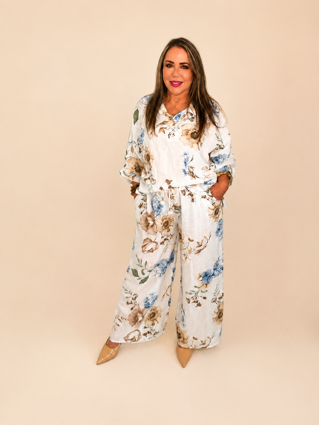 Conjunto Floral Premium de Lino de dos piezas/ blusa y pantalón