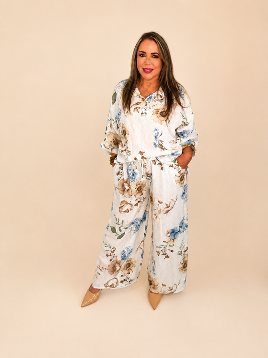 Conjunto Floral Premium de Lino de dos piezas/ blusa y pantalón