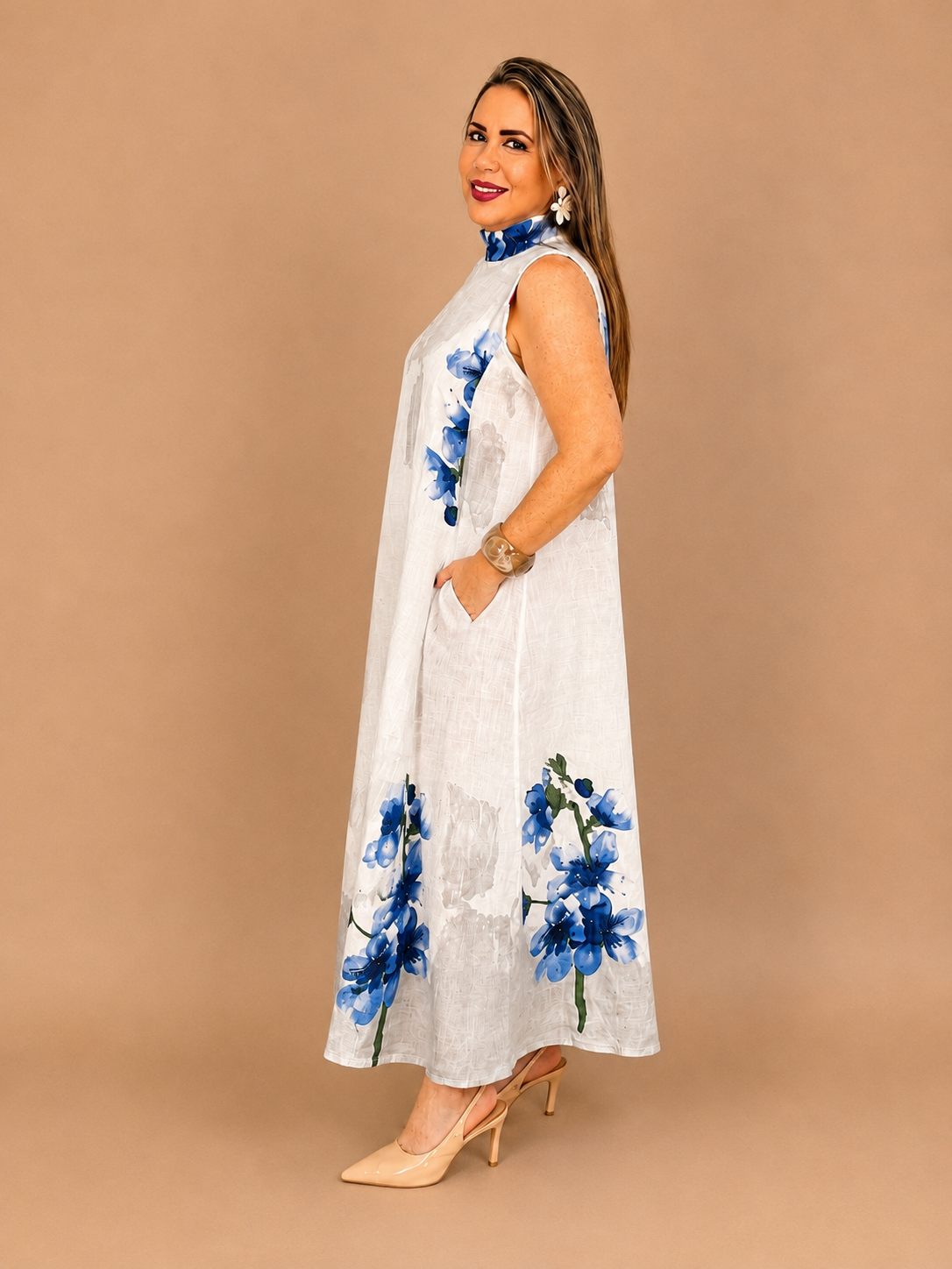 Vestido largo de lino estampado