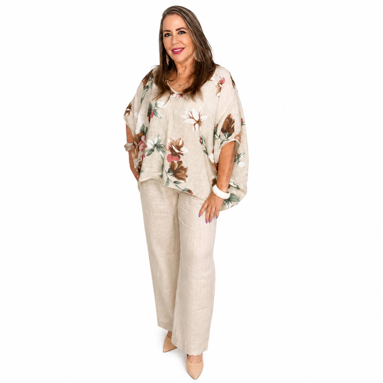 Conjunto Floral de Lino – Blusa Oversize y Pantalón Palazzo