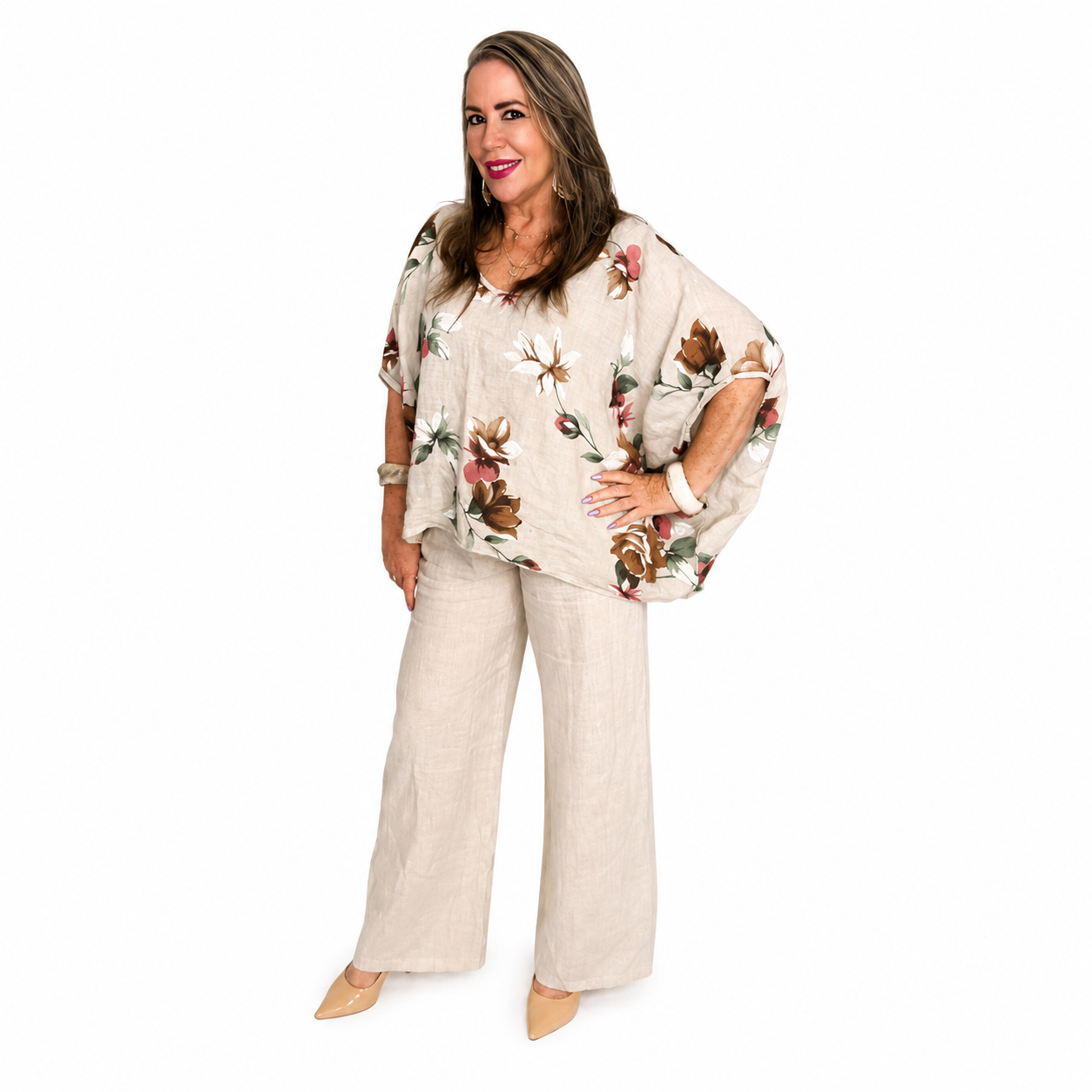 Conjunto Floral de Lino – Blusa Oversize y Pantalón Palazzo