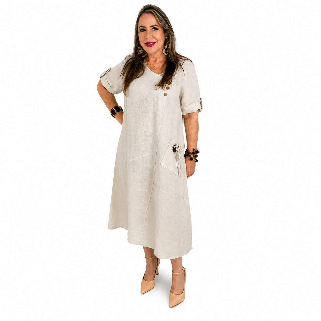 Vestido de Lino con Bolsillo Decorativo