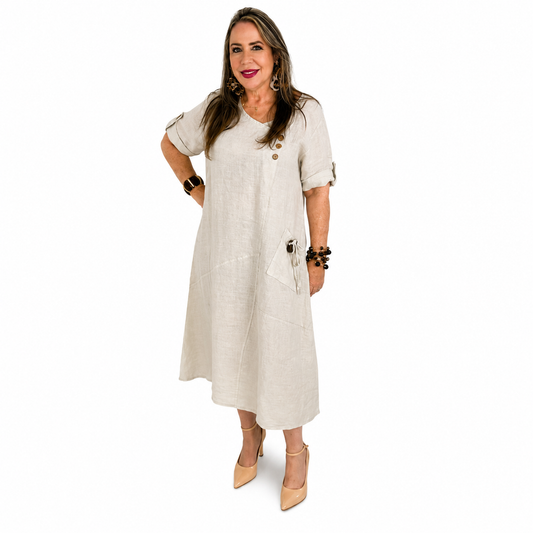 Vestido de Lino con Bolsillo Decorativo