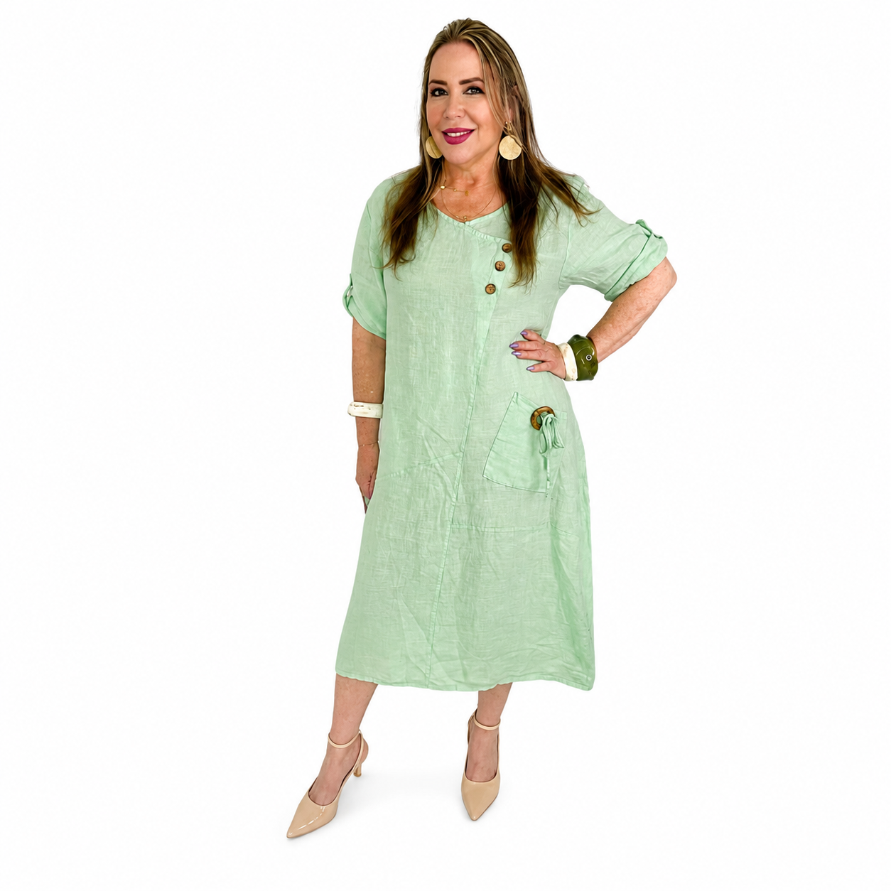 Vestido de Lino con Bolsillo Decorativo