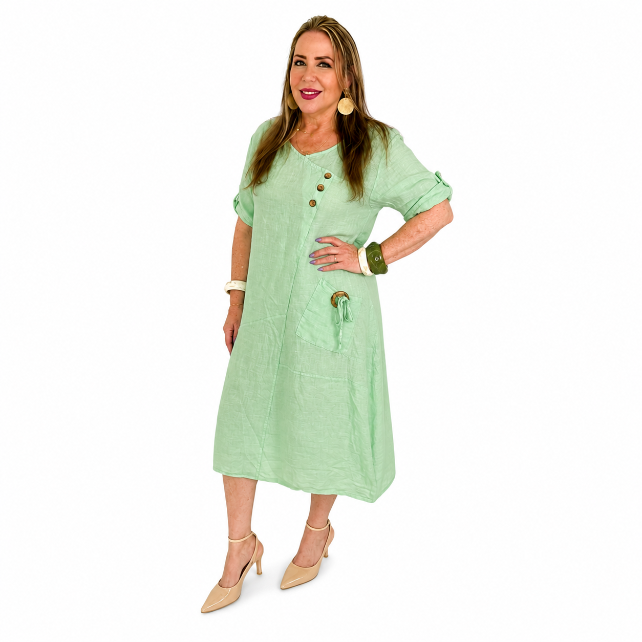 Vestido de Lino con Bolsillo Decorativo