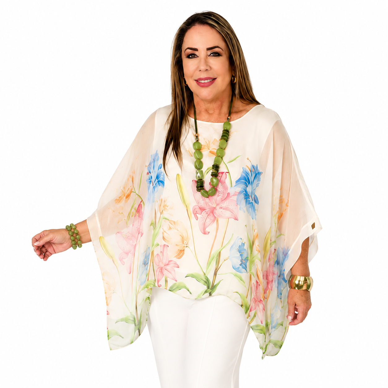 Blusa Floral Tipo Poncho de Seda