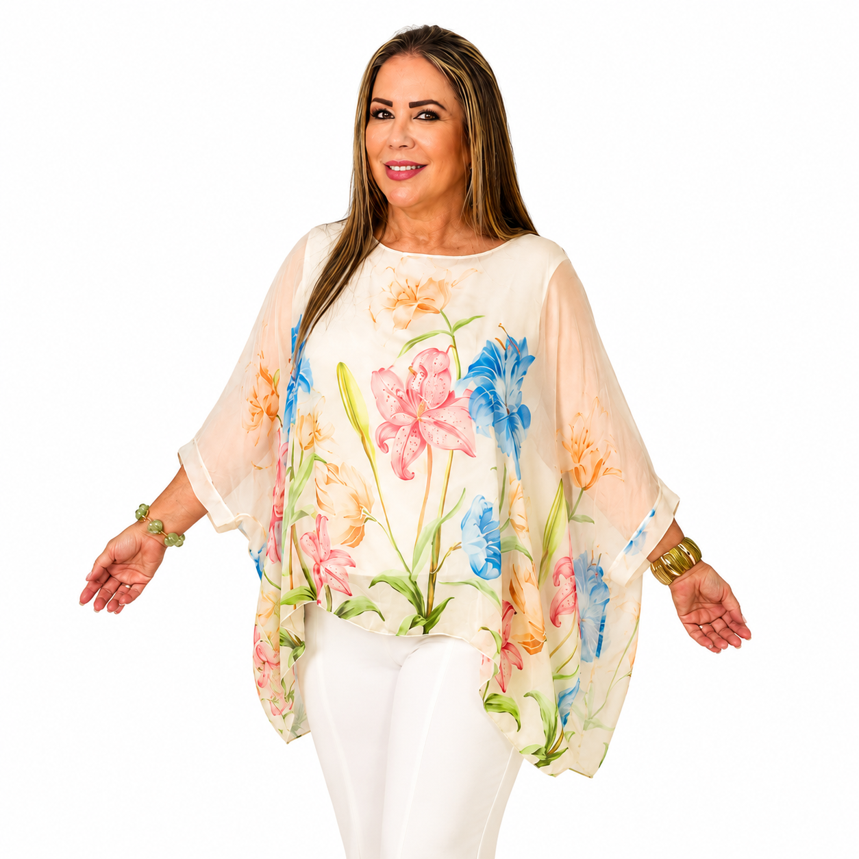 Blusa Floral Tipo Poncho de Seda