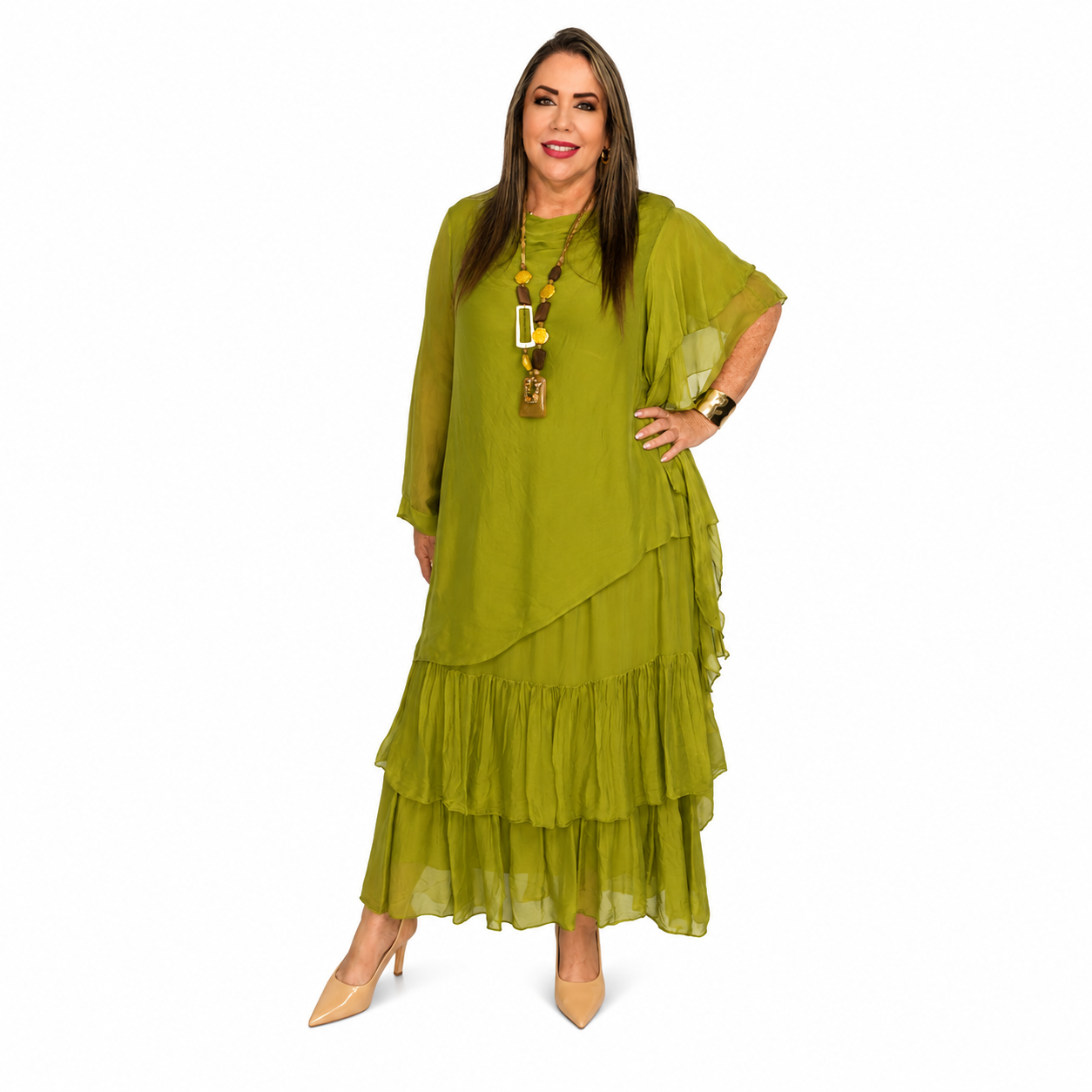 Olive Elegance Silk & Viscose Dress