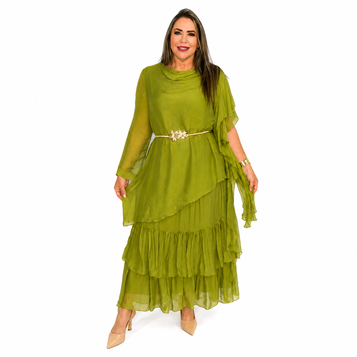 Olive Elegance Silk & Viscose Dress