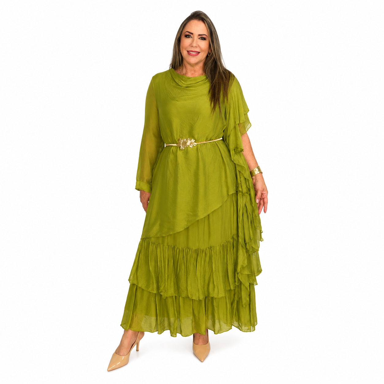 Olive Elegance Silk & Viscose Dress