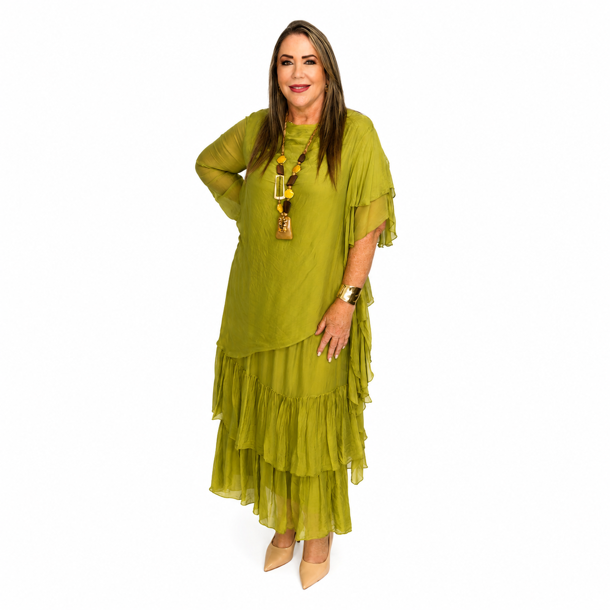 Olive Elegance Silk & Viscose Dress