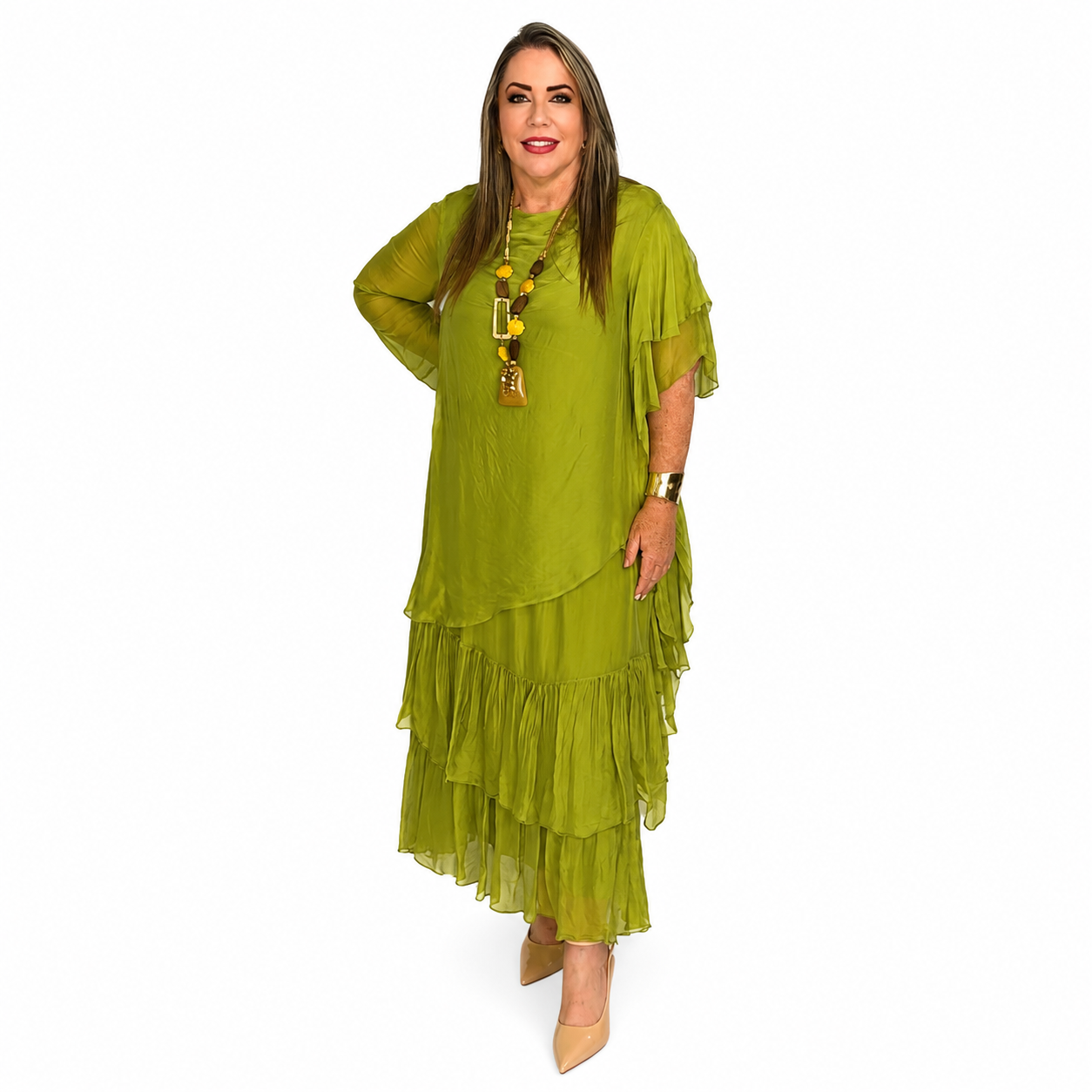 Olive Elegance Silk & Viscose Dress