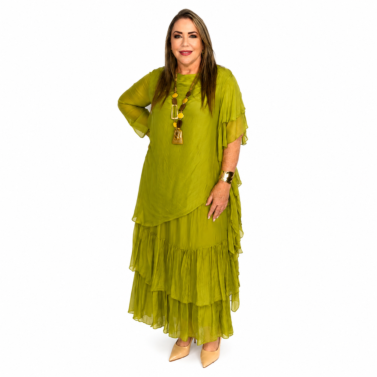 Olive Elegance Silk & Viscose Dress
