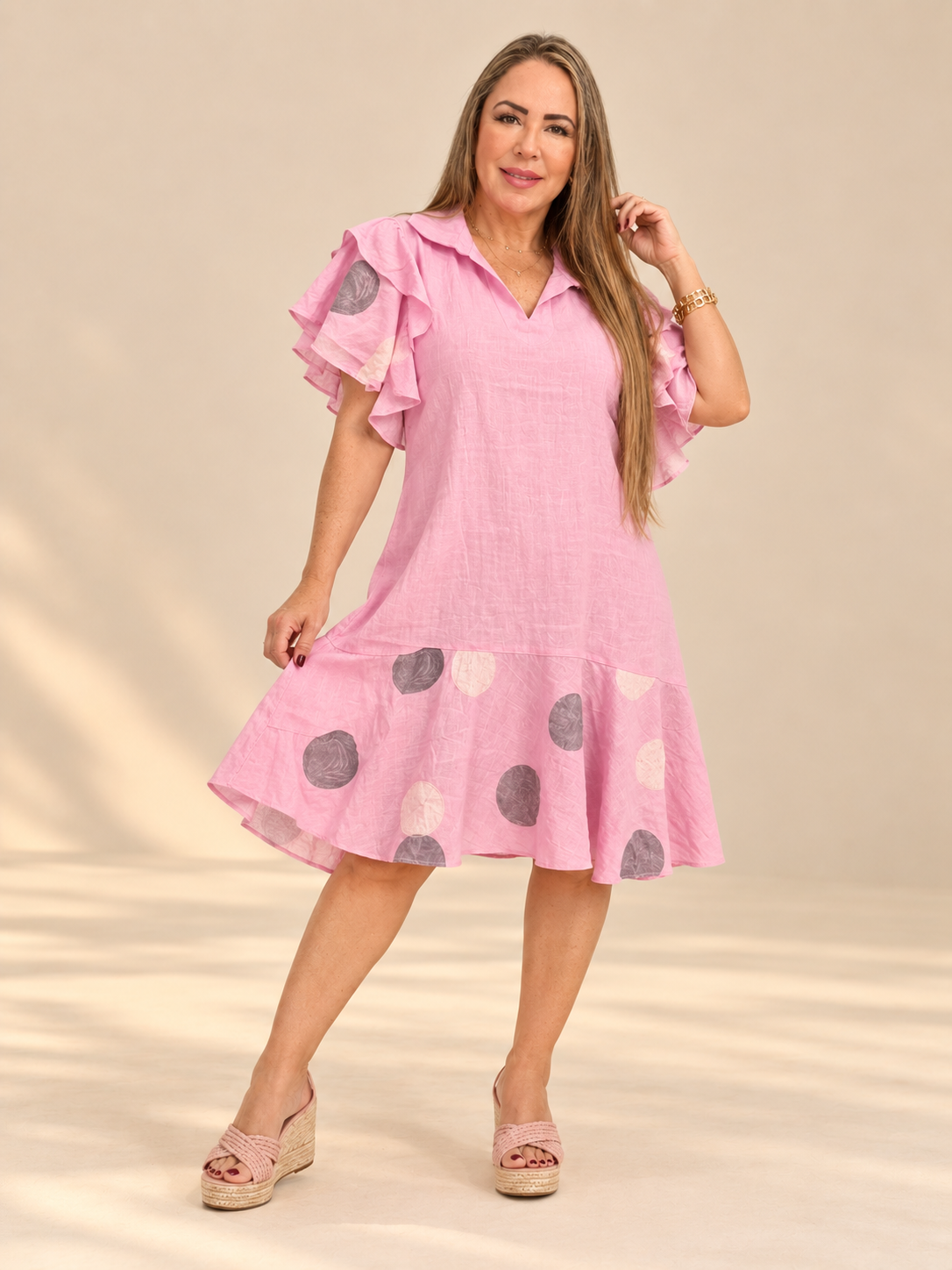 Vestido de Lino con Volantes – Estampado de Círculos