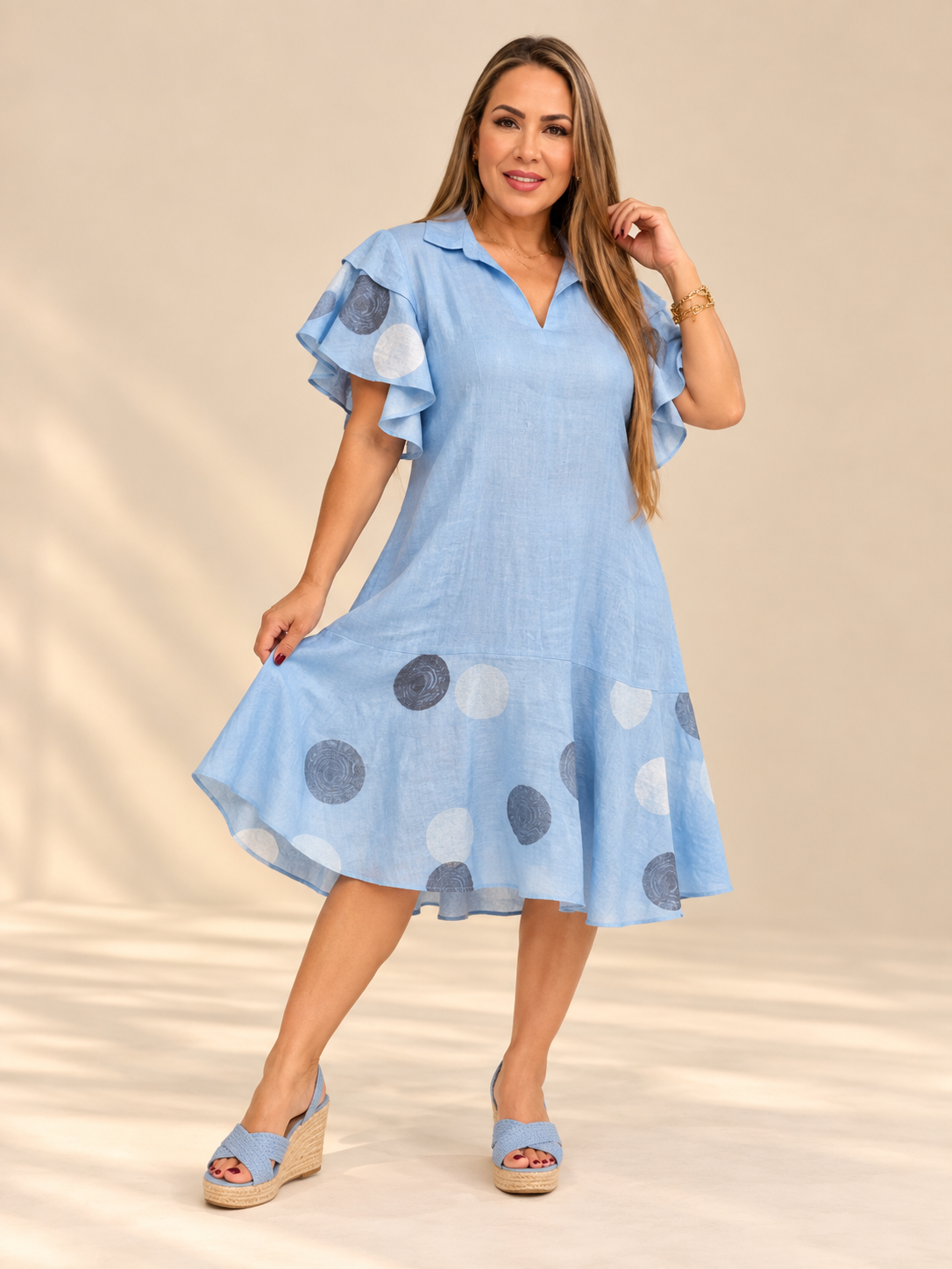 Vestido de Lino con Volantes – Estampado de Círculos