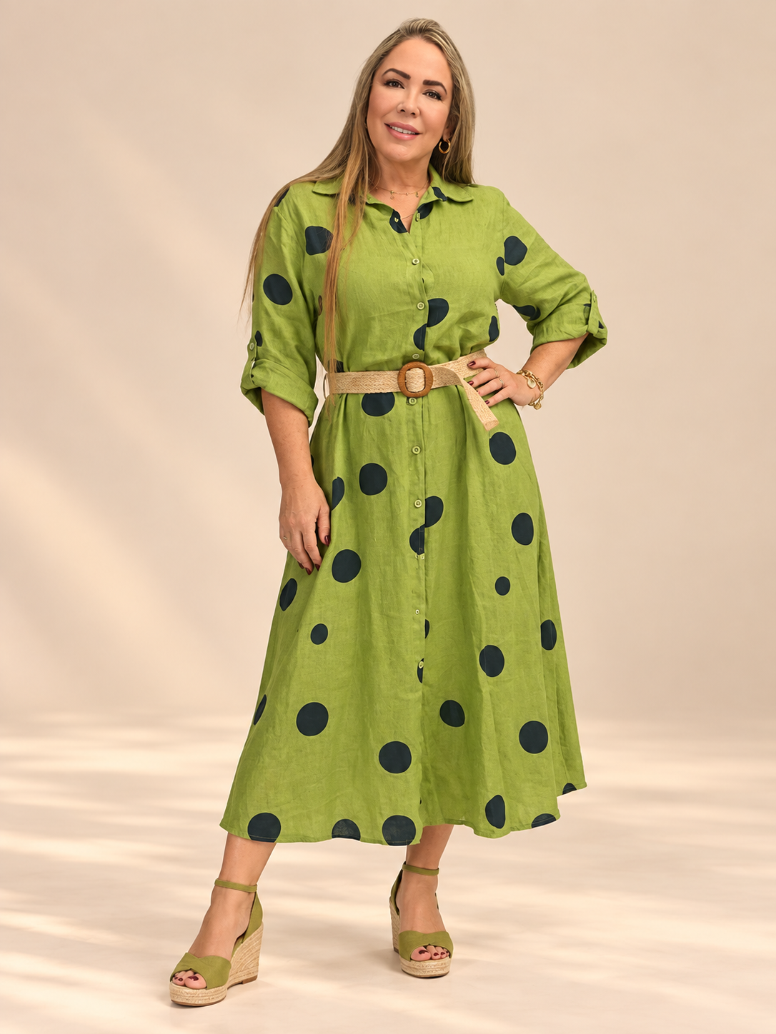 Vestido Camisero de Lino con Estampado de Círculos