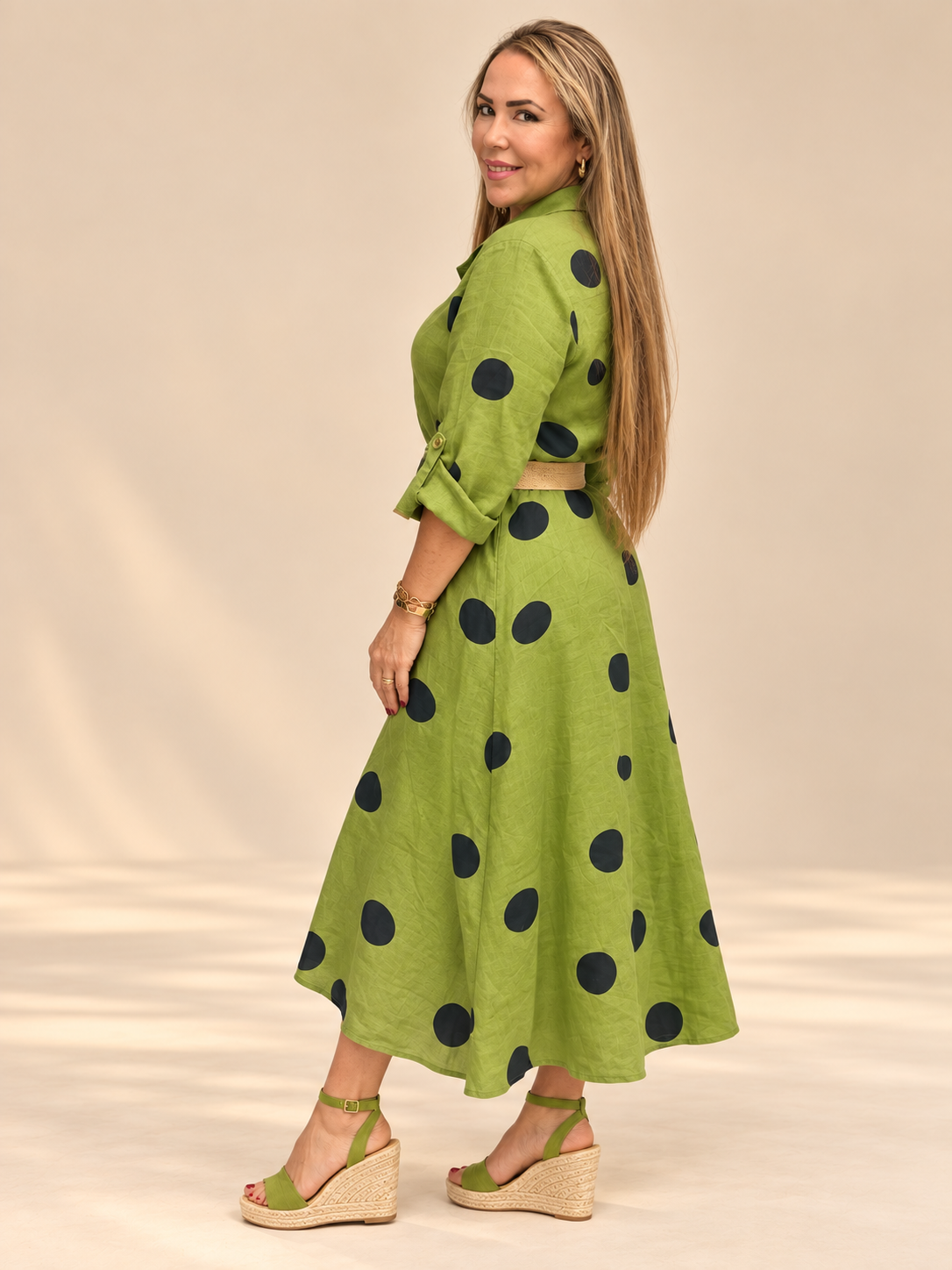 Vestido Camisero de Lino con Estampado de Círculos