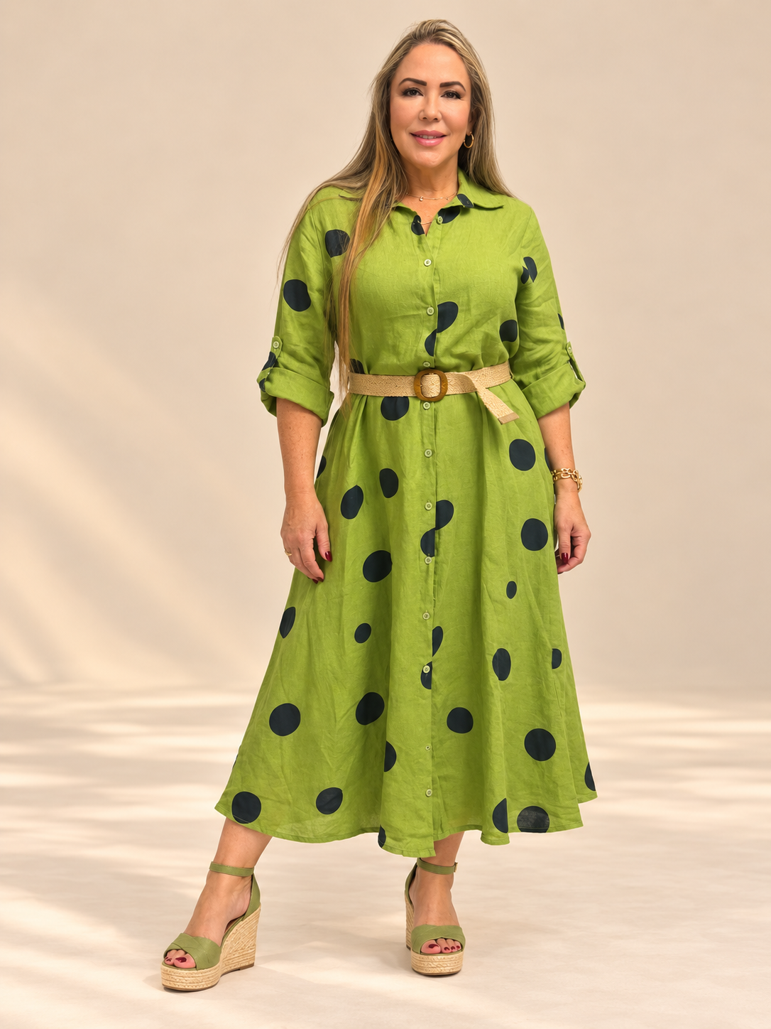 Vestido Camisero de Lino con Estampado de Círculos
