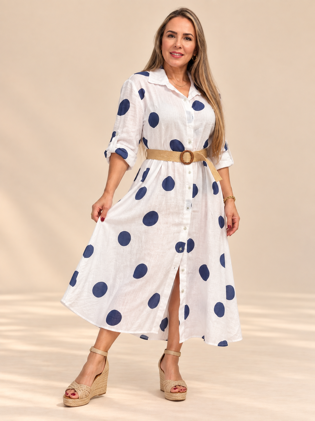 Vestido Camisero de Lino con Estampado de Círculos