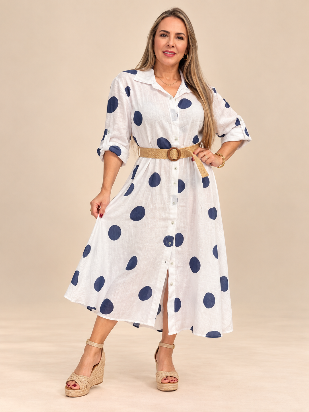 Vestido Camisero de Lino con Estampado de Círculos