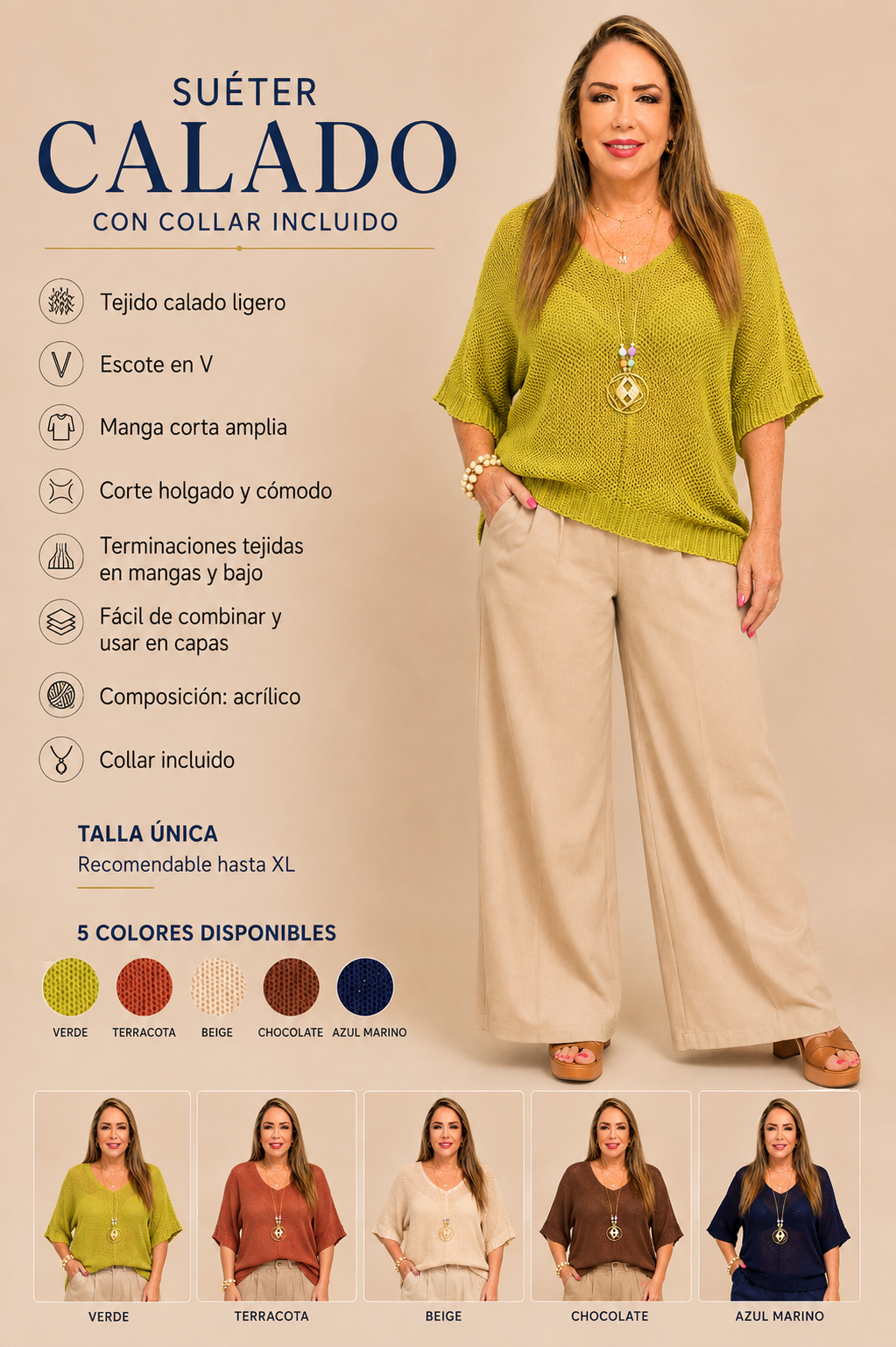 Suéter Tejido Calado con Escote V y collar incluido