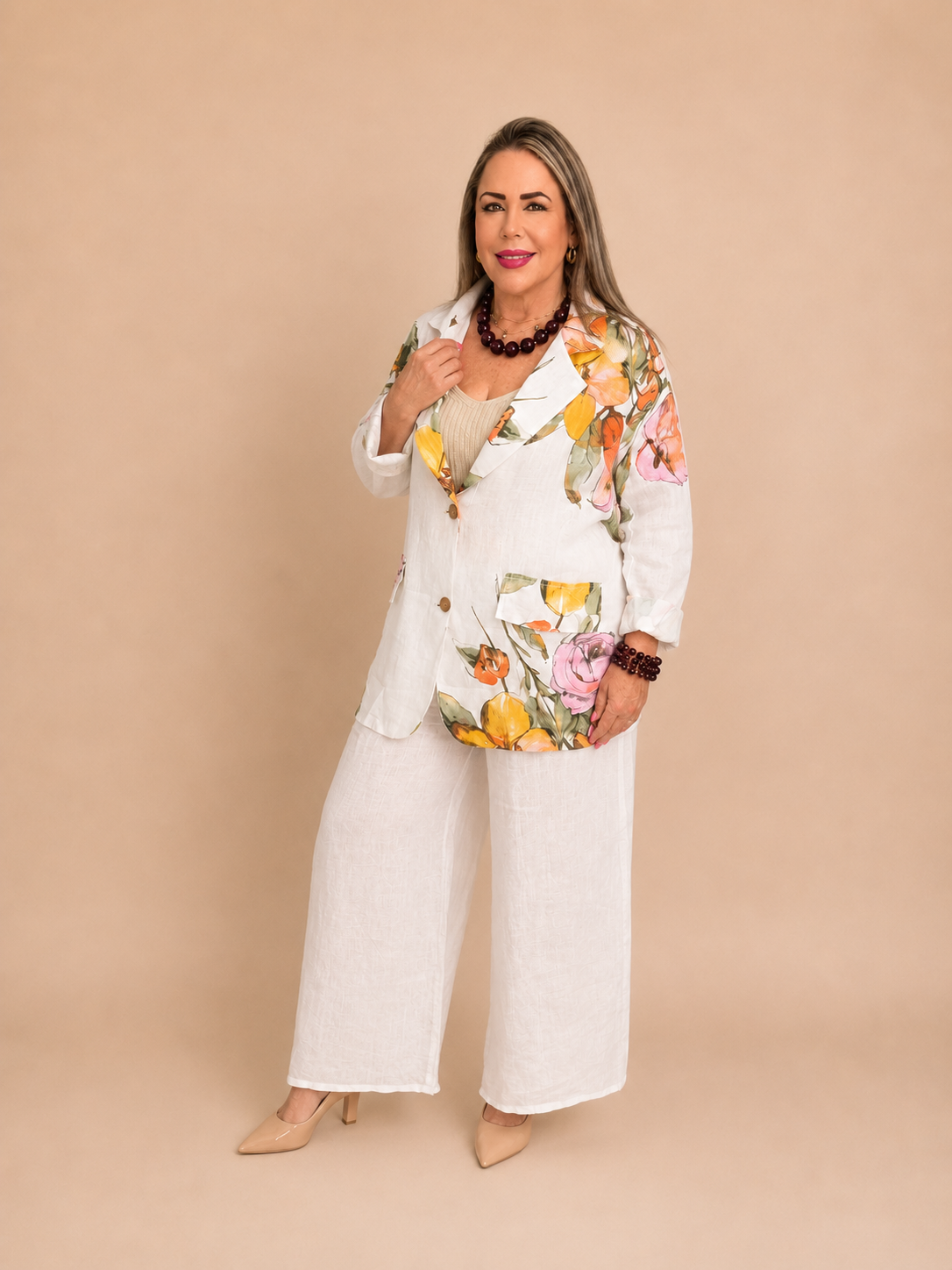 Set de Lino de Dos Piezas con Blazer Floral