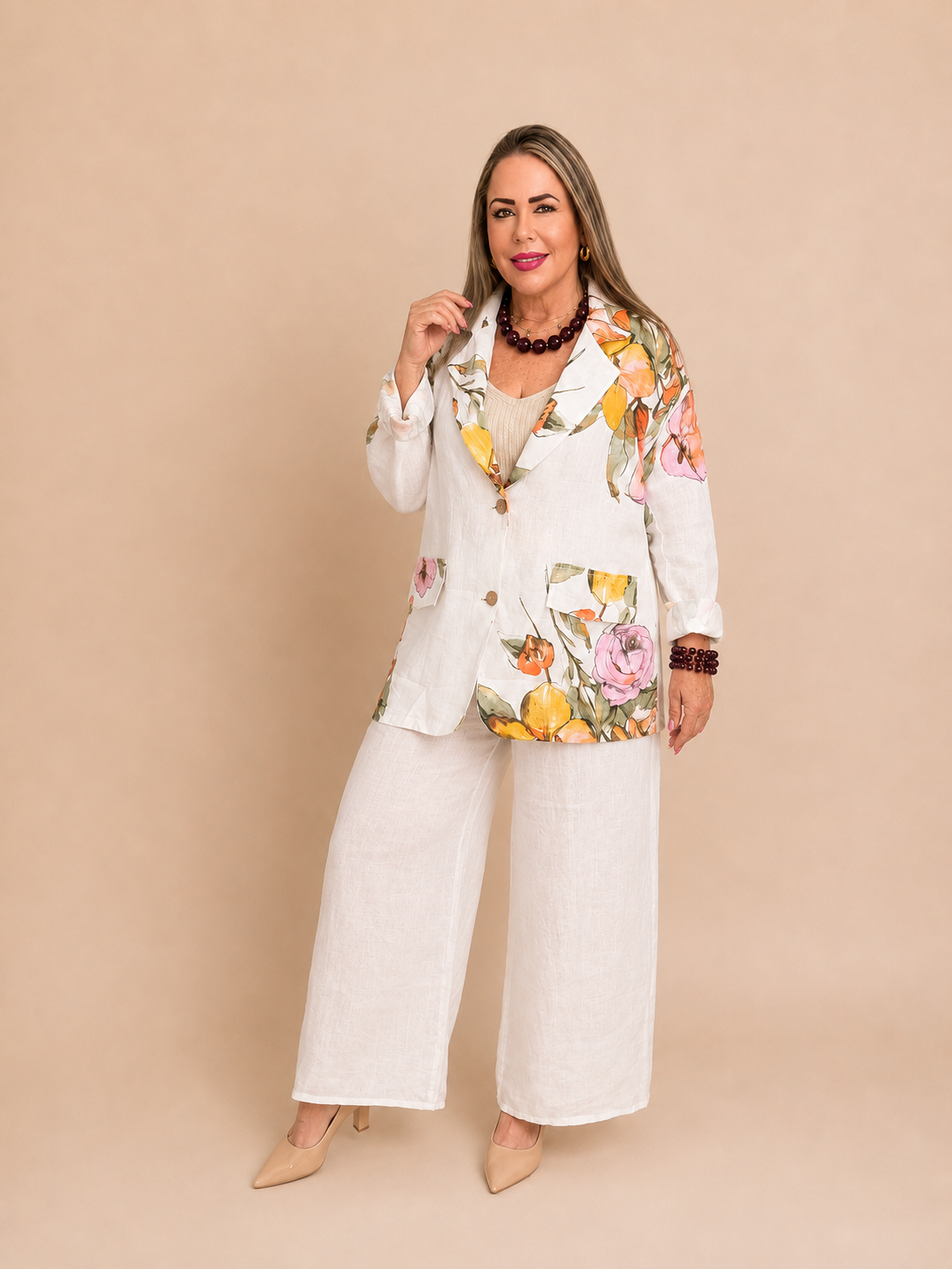 Set de Lino de Dos Piezas con Blazer Floral