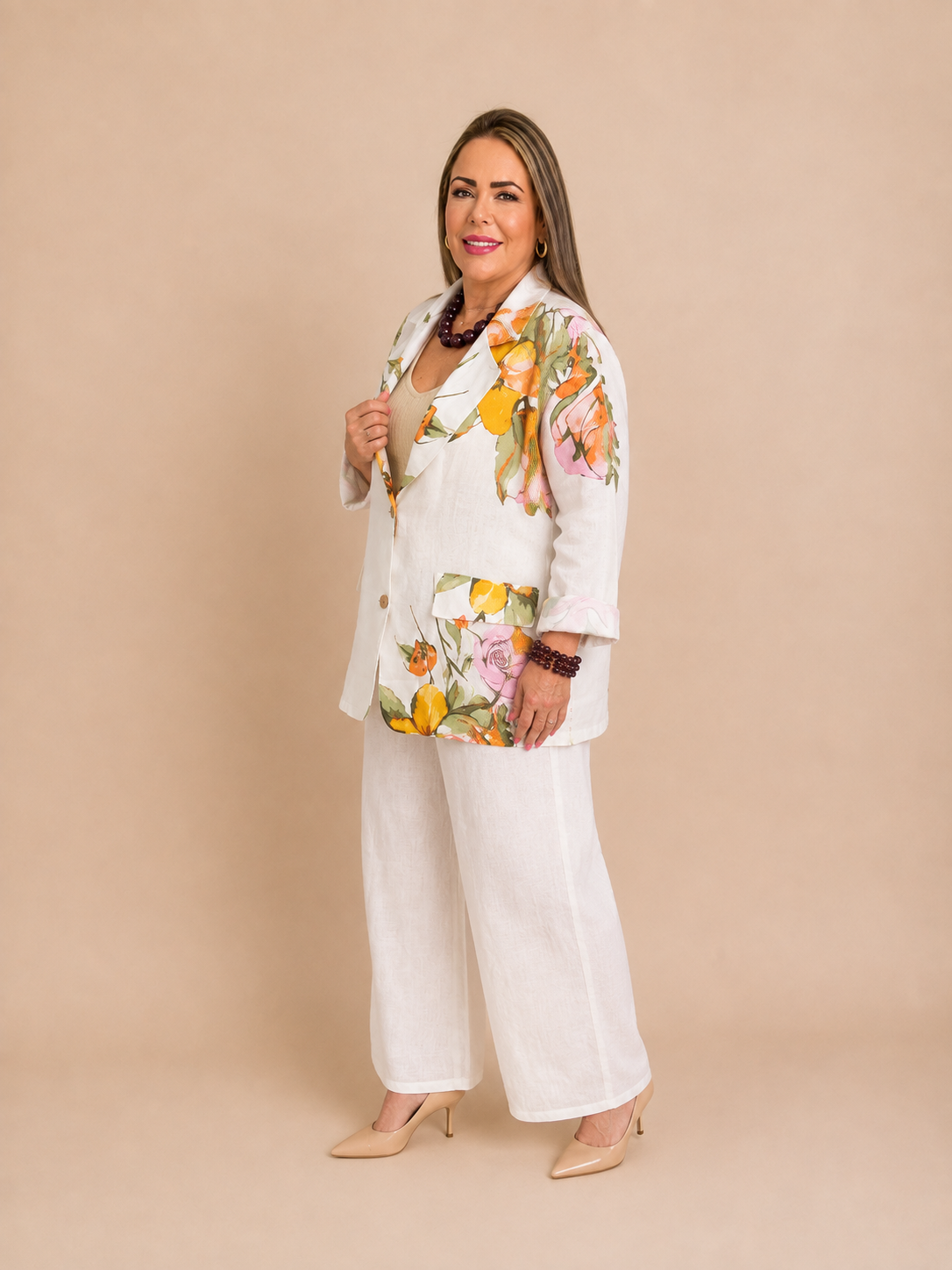 Set de Lino de Dos Piezas con Blazer Floral