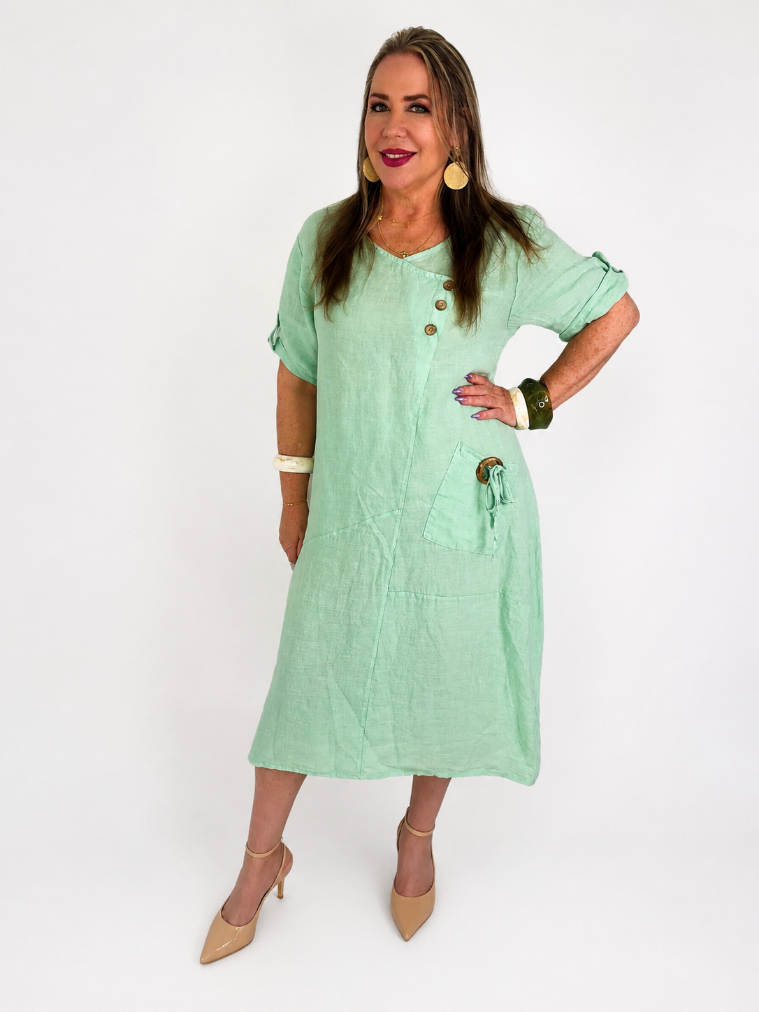Vestido de Lino con Bolsillo Decorativo