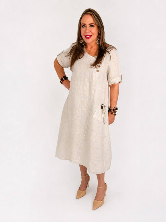 Vestido de Lino con Bolsillo Decorativo