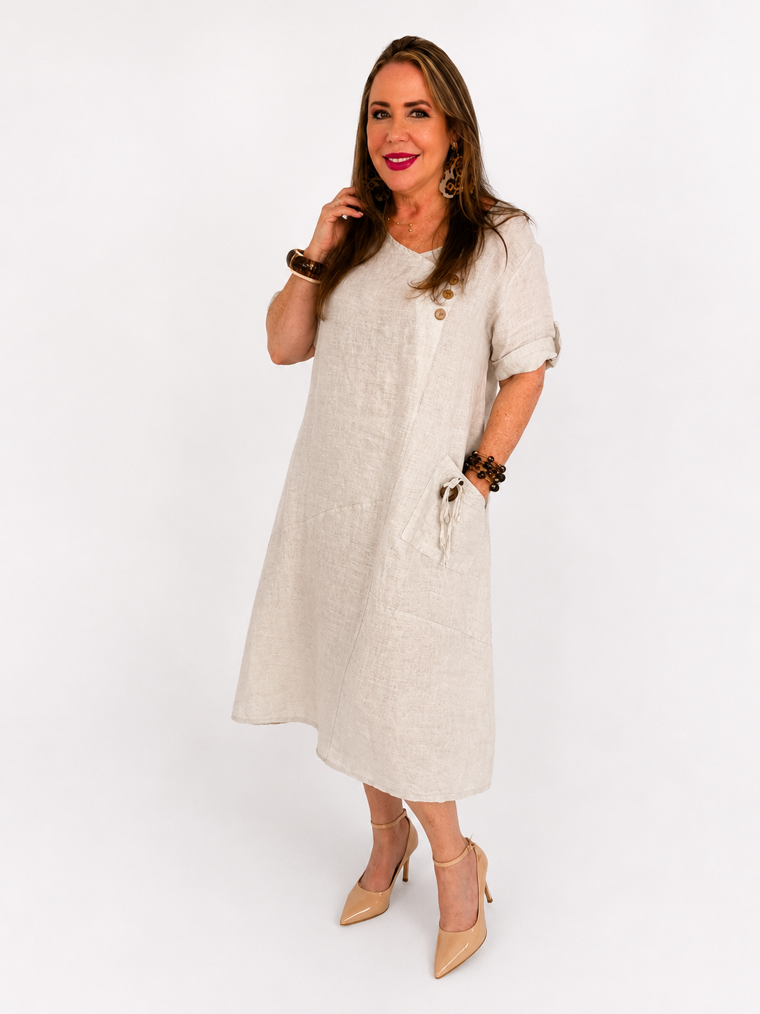 Vestido de Lino con Bolsillo Decorativo