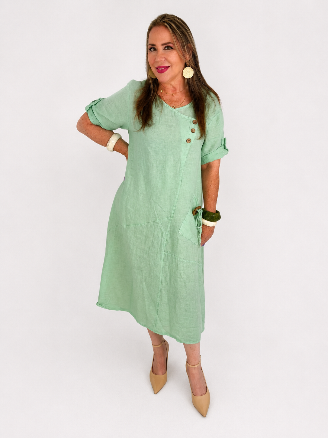 Vestido de Lino con Bolsillo Decorativo