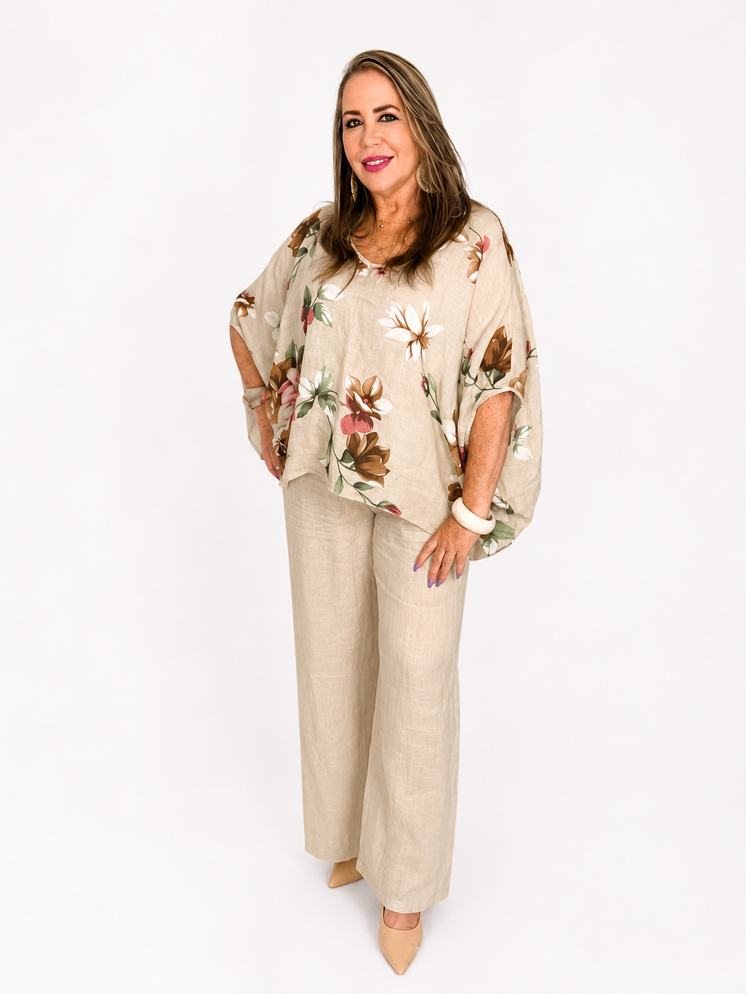 Conjunto Floral de Lino – Blusa Oversize y Pantalón Palazzo