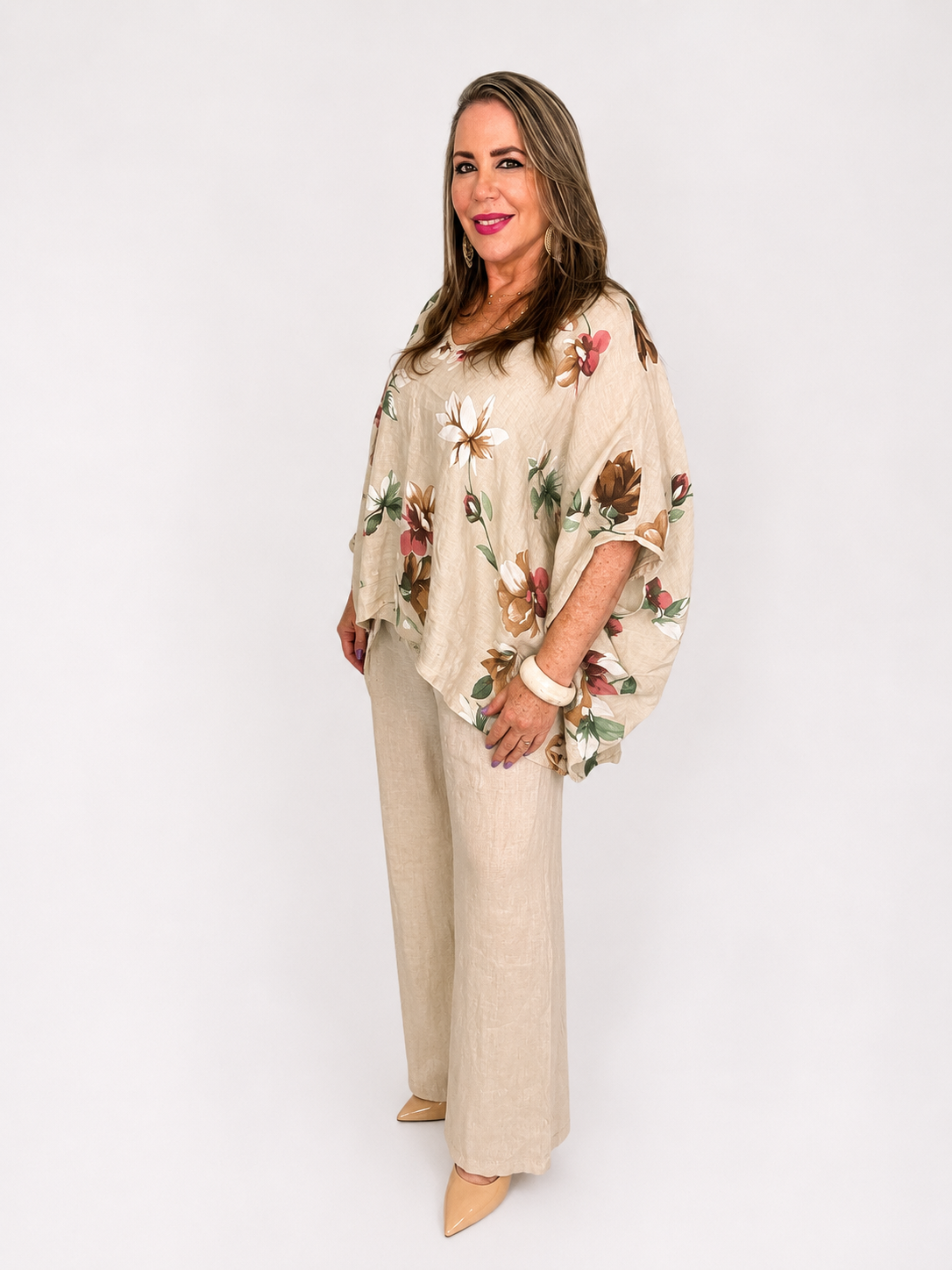 Conjunto Floral de Lino – Blusa Oversize y Pantalón Palazzo