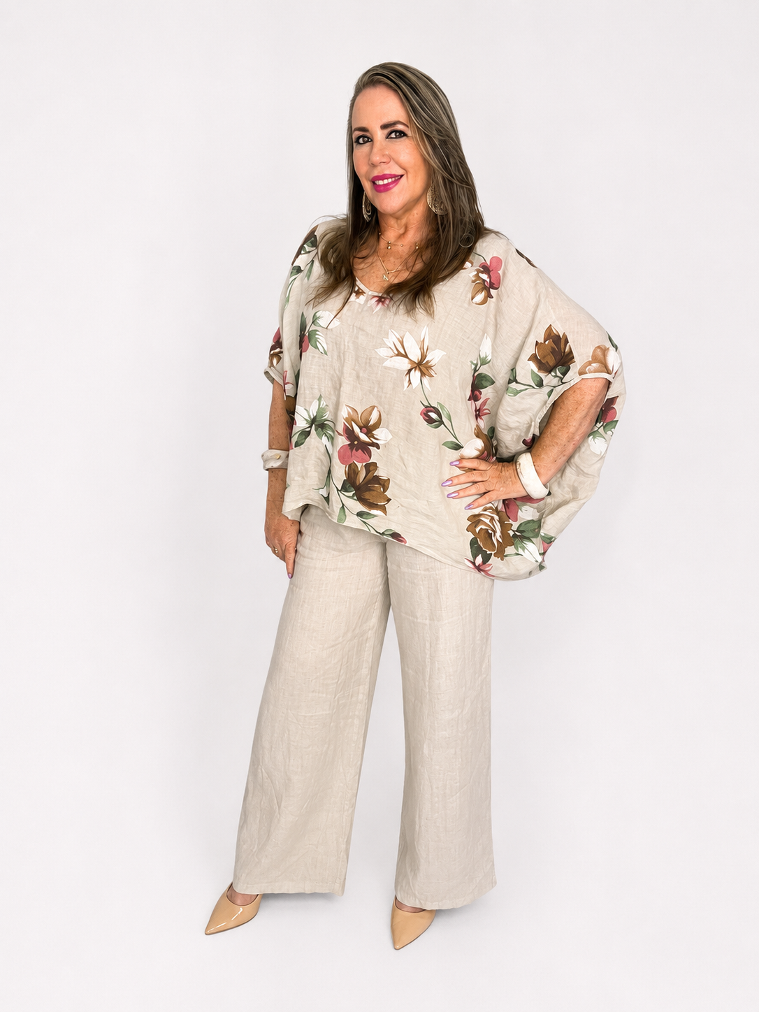 Conjunto Floral de Lino – Blusa Oversize y Pantalón Palazzo