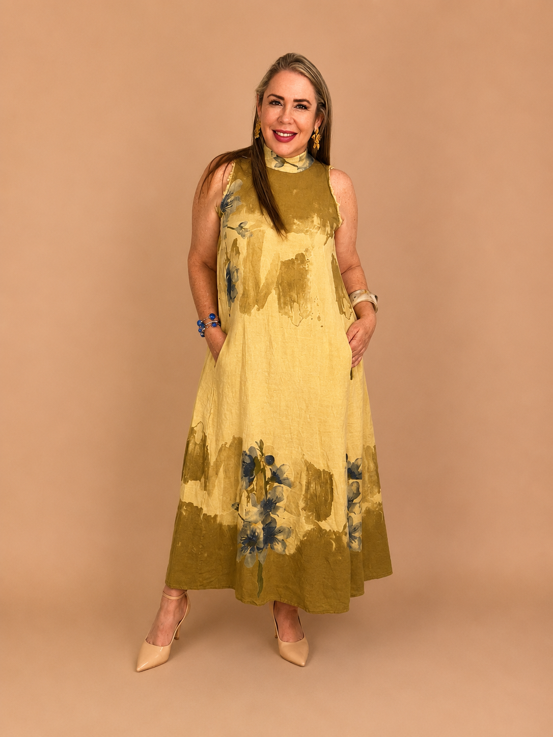 Vestido largo de lino estampado