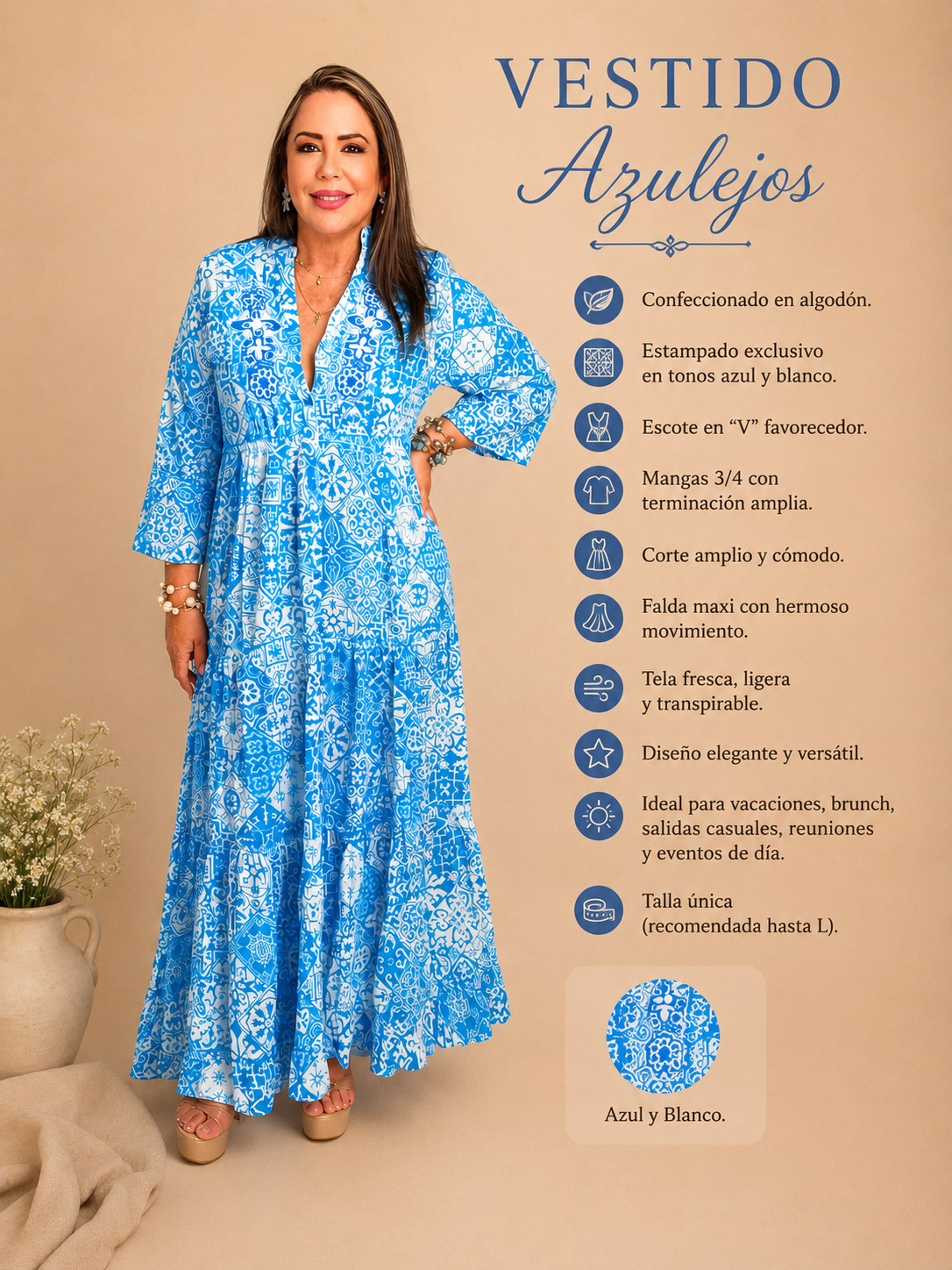 Vestido Maxi Estampado Azul Mediterráneo
