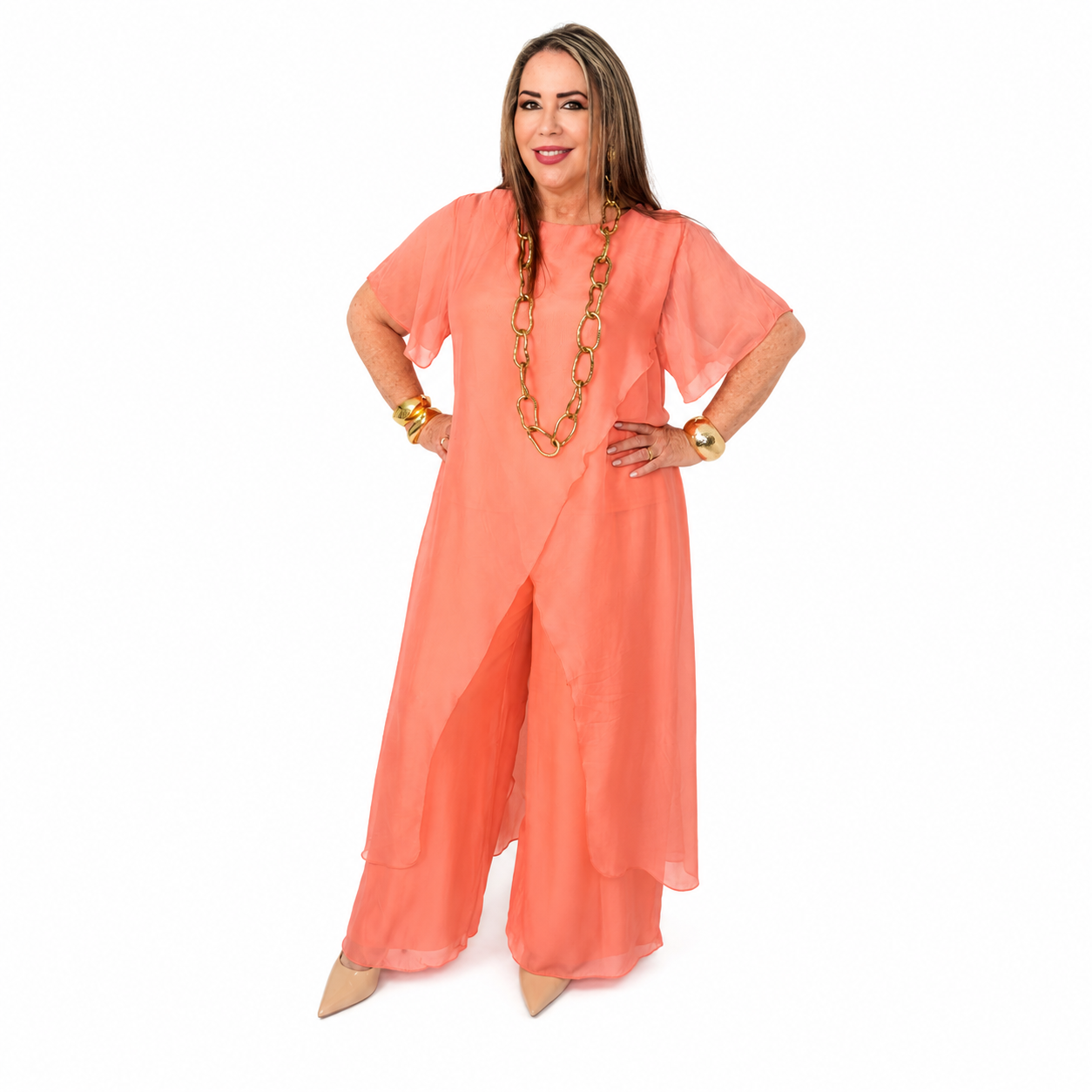 Set de seda de dos piezas/ blusa larga y pantalón