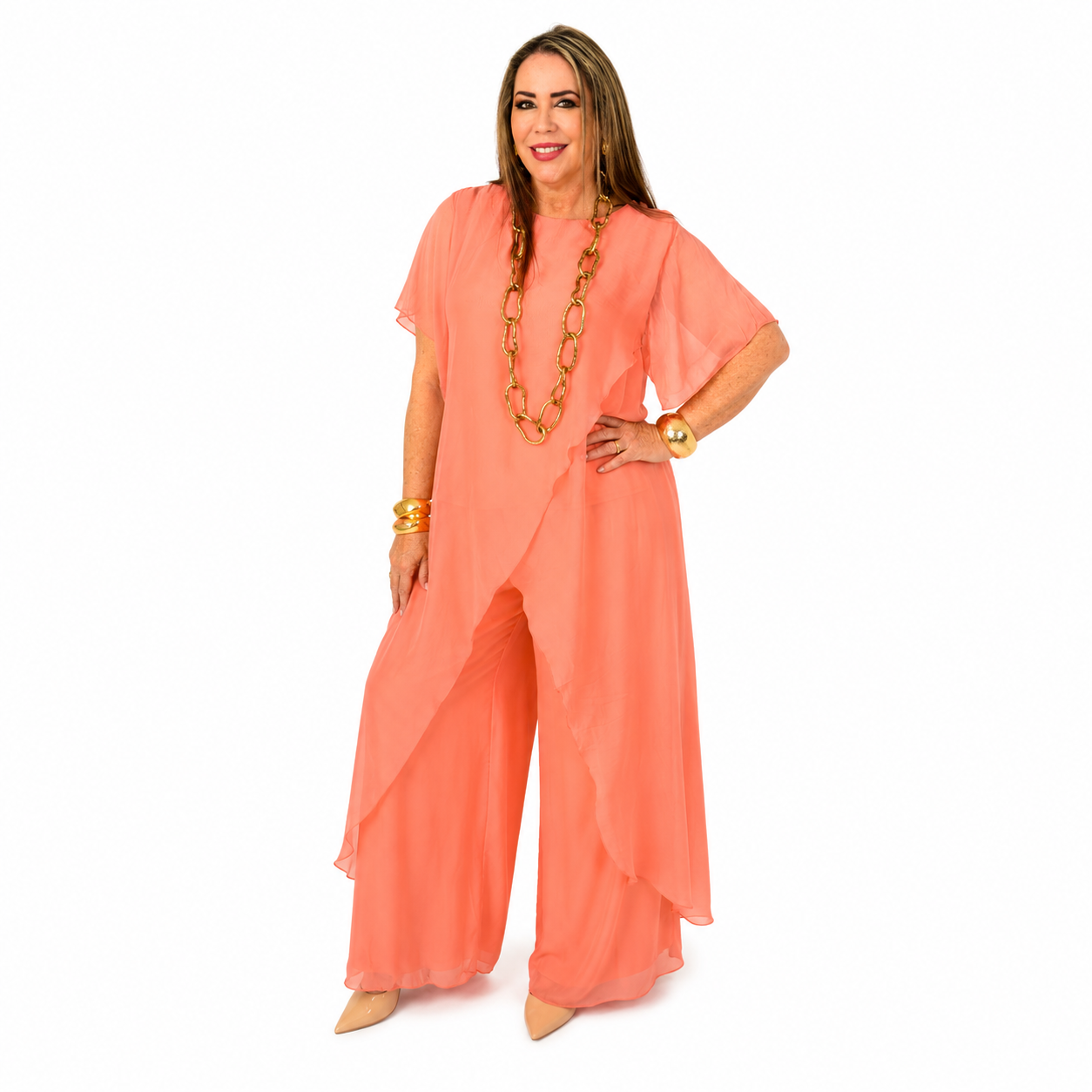 Set de seda de dos piezas/ blusa larga y pantalón
