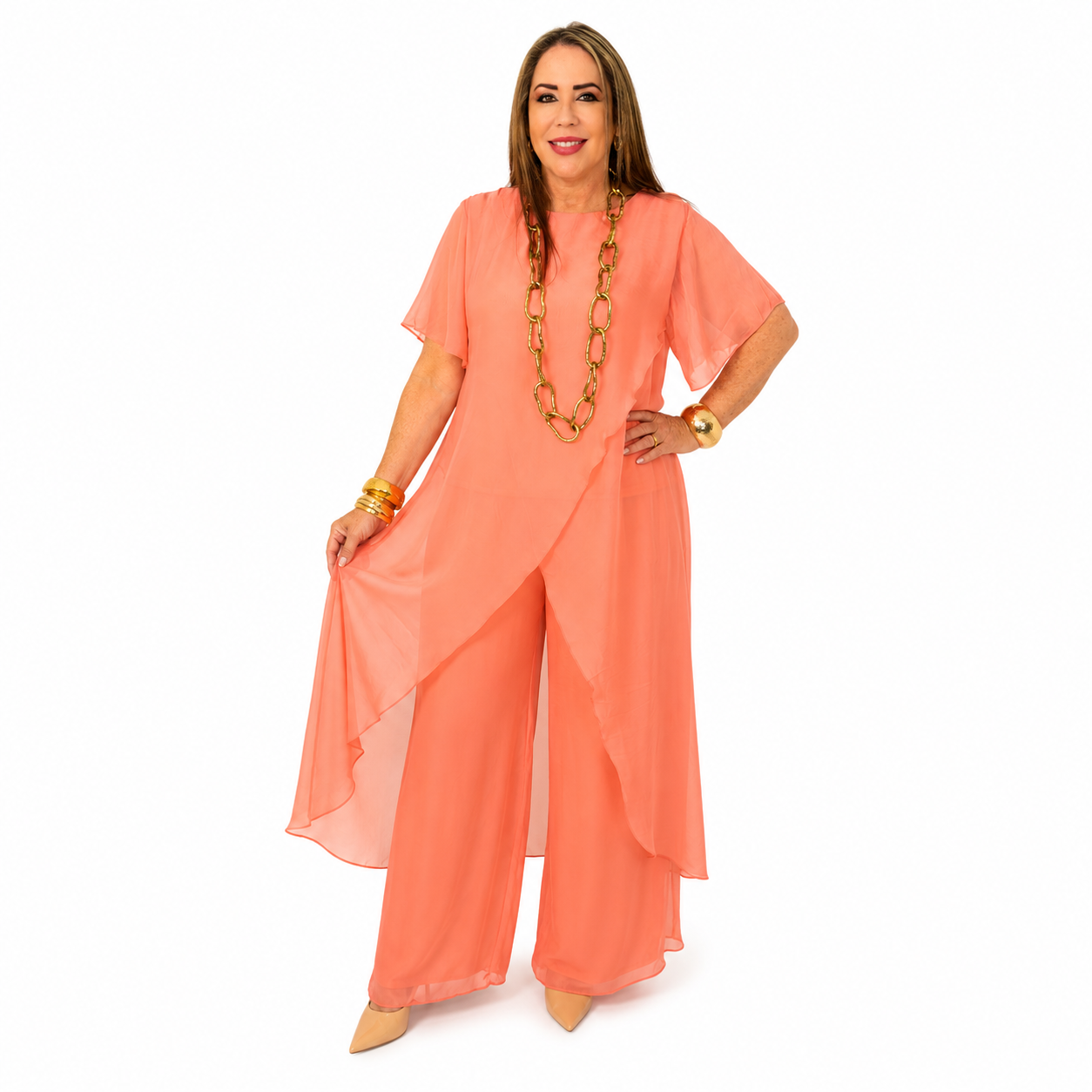 Set de seda de dos piezas/ blusa larga y pantalón