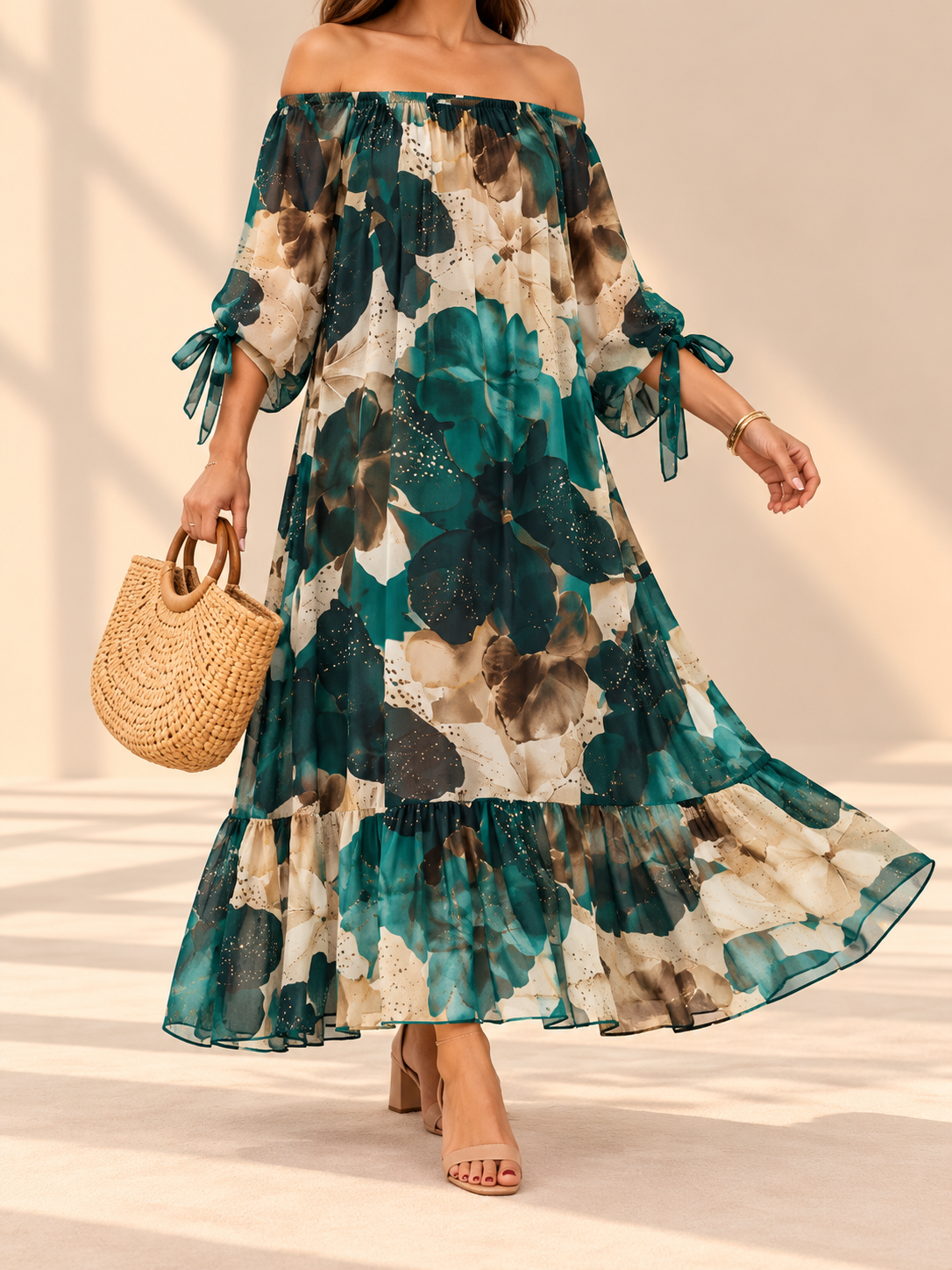 Vestido de Seda Floral – Escote Bardot
