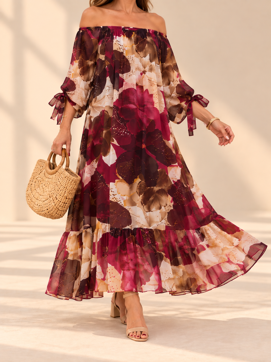Vestido de Seda Floral – Escote Bardot
