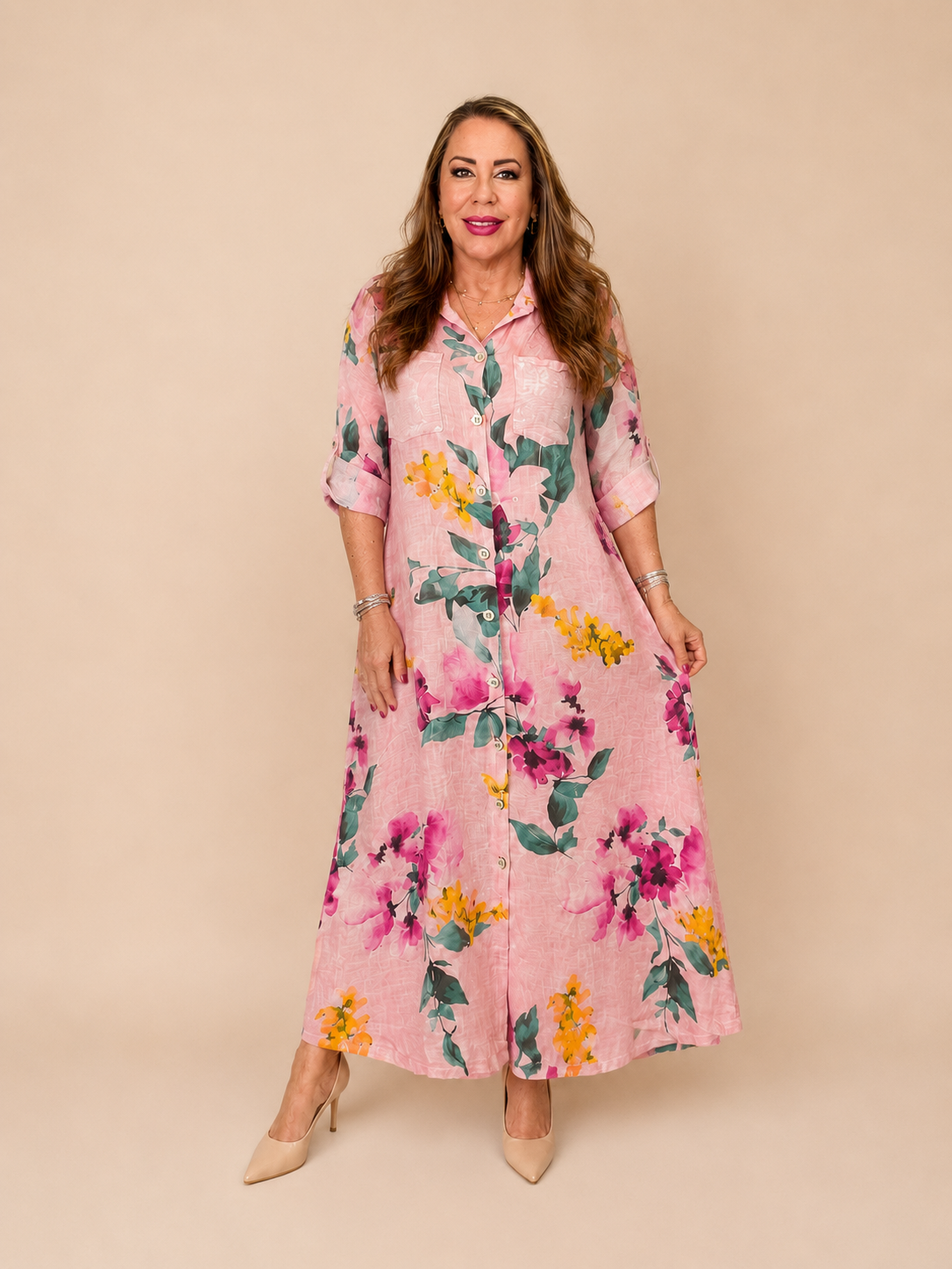 Vestido camisero de lino estampado